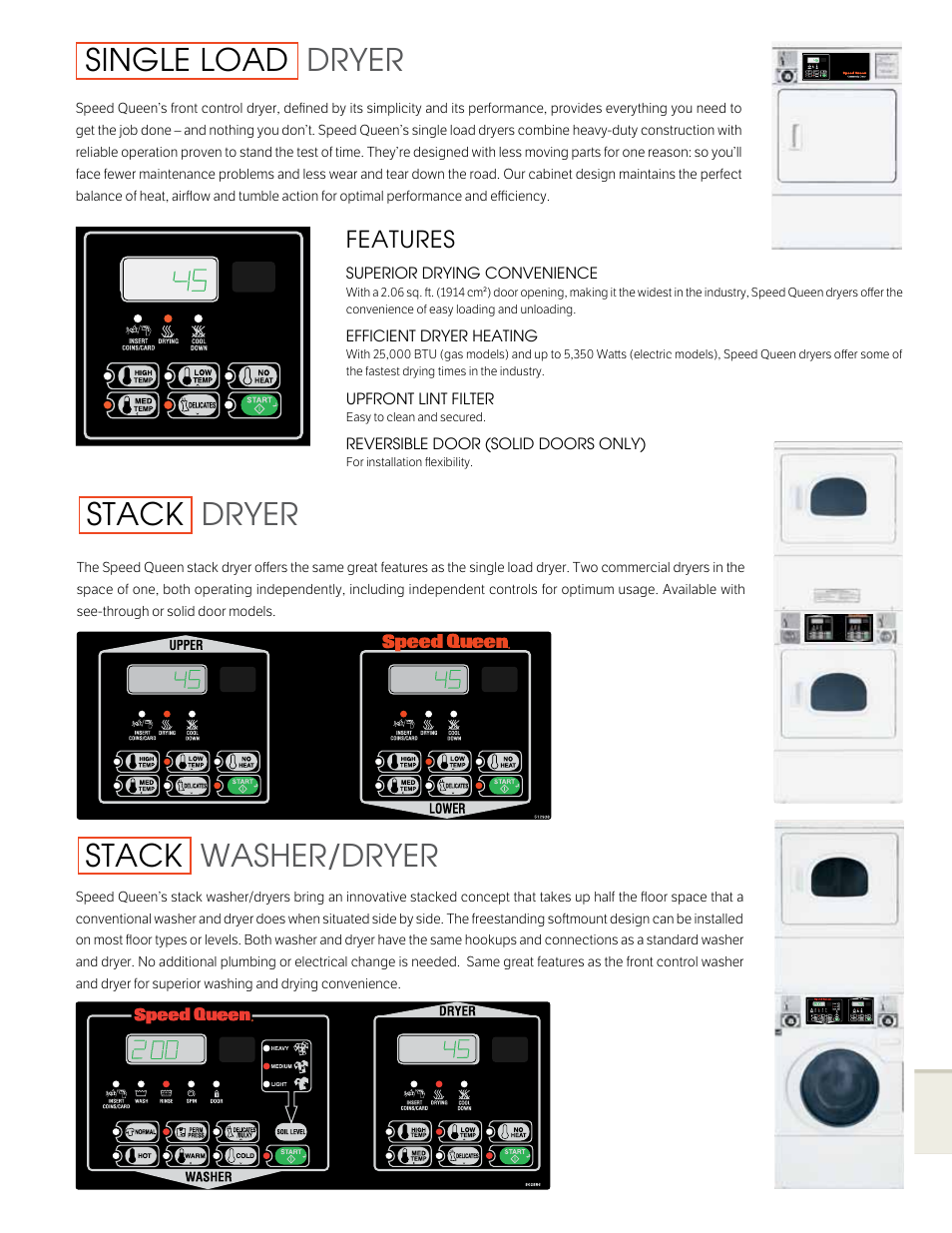 Single load dryer, Stack dryer, Stack washer/dryer | Quantum SPEED QUEEN SFNLCFS User Manual | Page 3 / 4