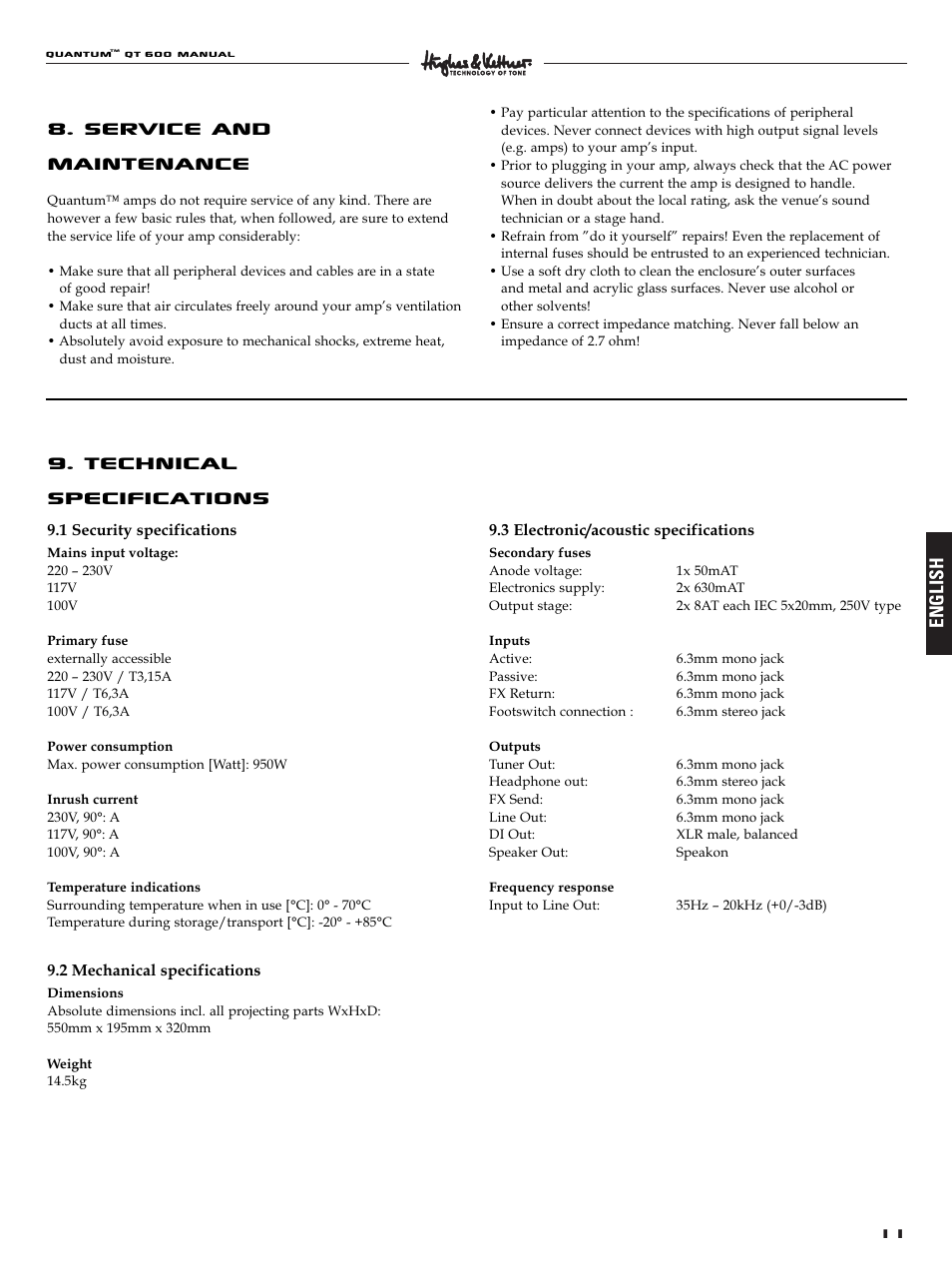 Service and maintenance, Technical specifications, English | Quantum QT600 User Manual | Page 11 / 48