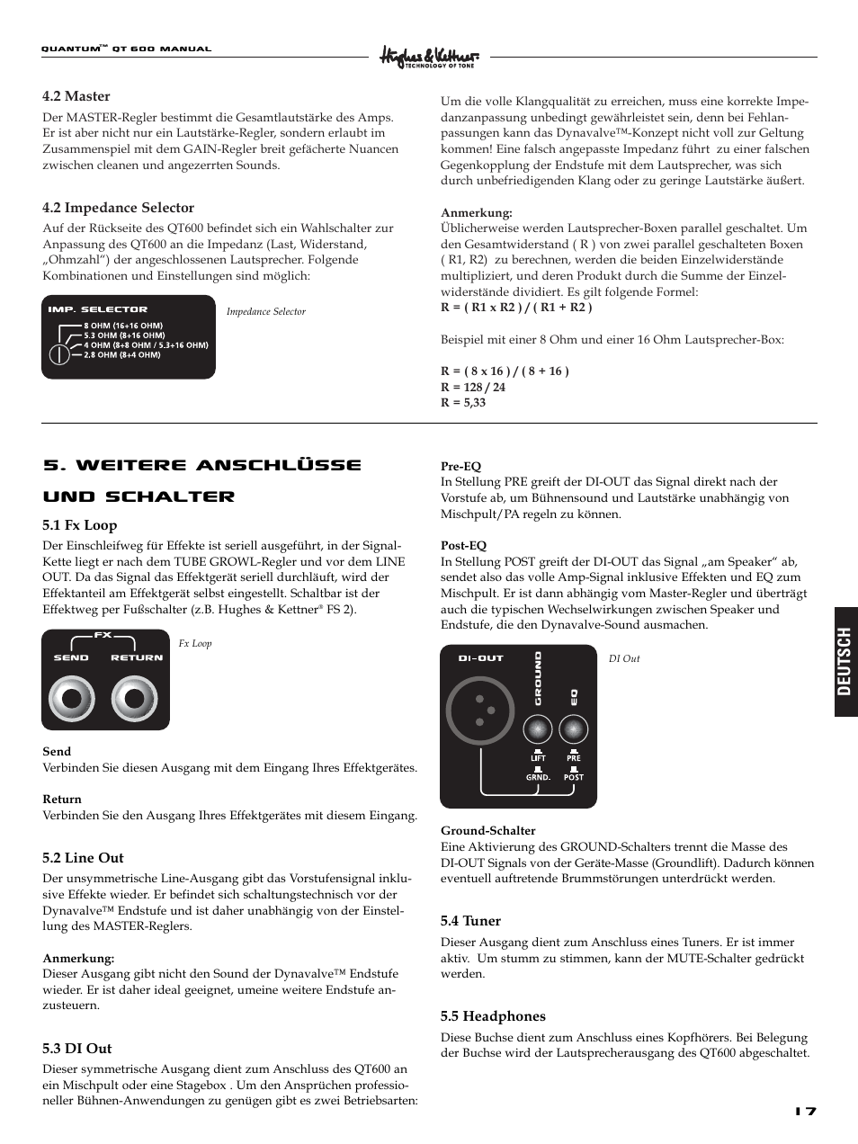 Weitere anschlüsse und schalter, Deutsch | Quantum QT600 User Manual | Page 17 / 48