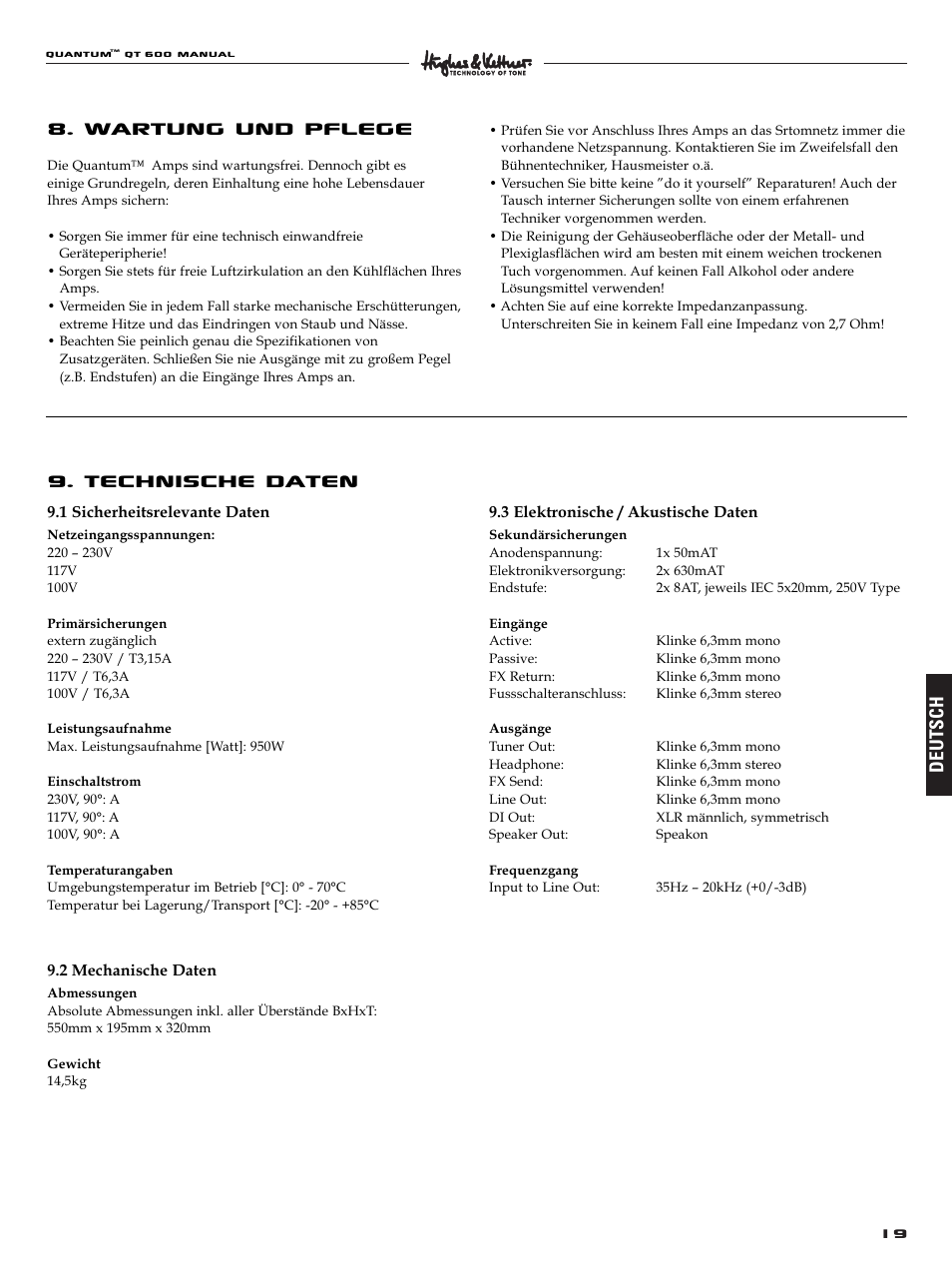 Wartung und pflege, Technische daten, Deutsch | Quantum QT600 User Manual | Page 19 / 48