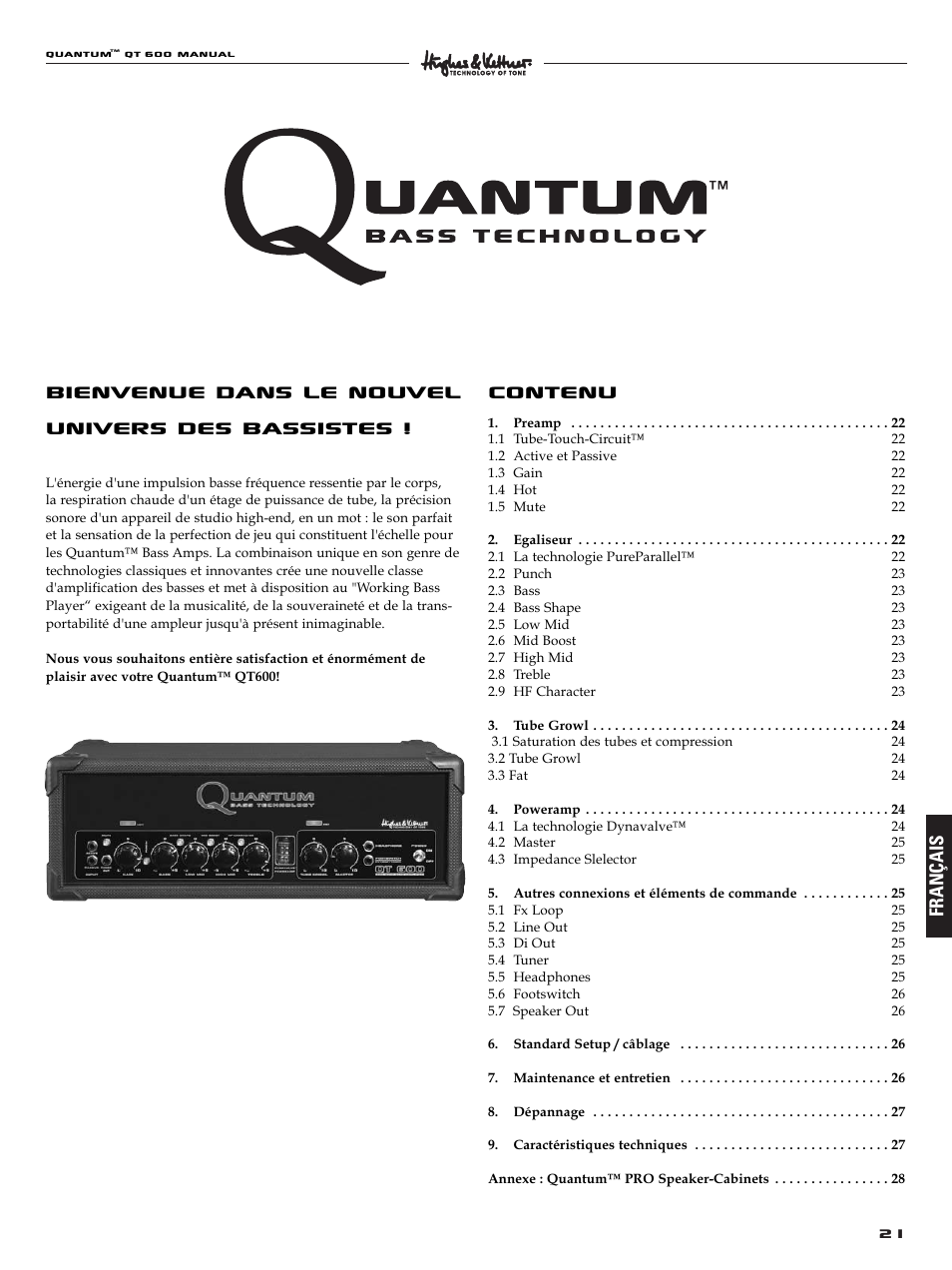 Bienvenue dans le nouvel univers des bassistes, Contenu, Français | Quantum QT600 User Manual | Page 21 / 48