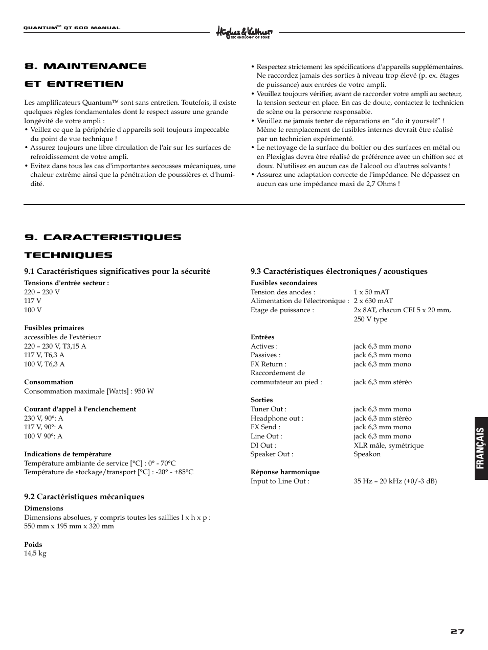 Maintenance et entretien, Caracteristiques techniques, Français | Quantum QT600 User Manual | Page 27 / 48