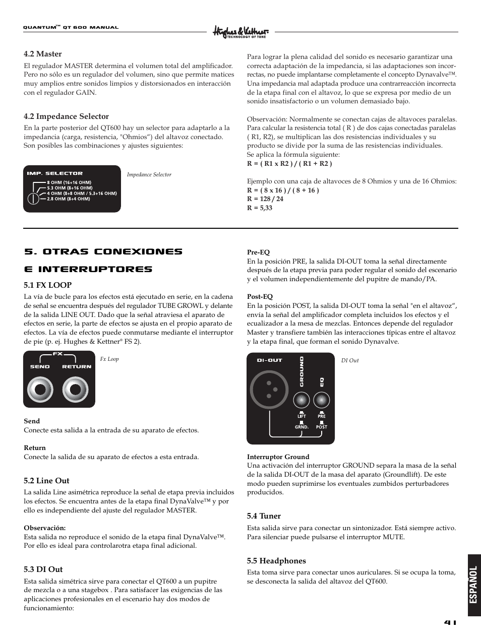 Otras conexiones e interruptores, Esp añol | Quantum QT600 User Manual | Page 41 / 48