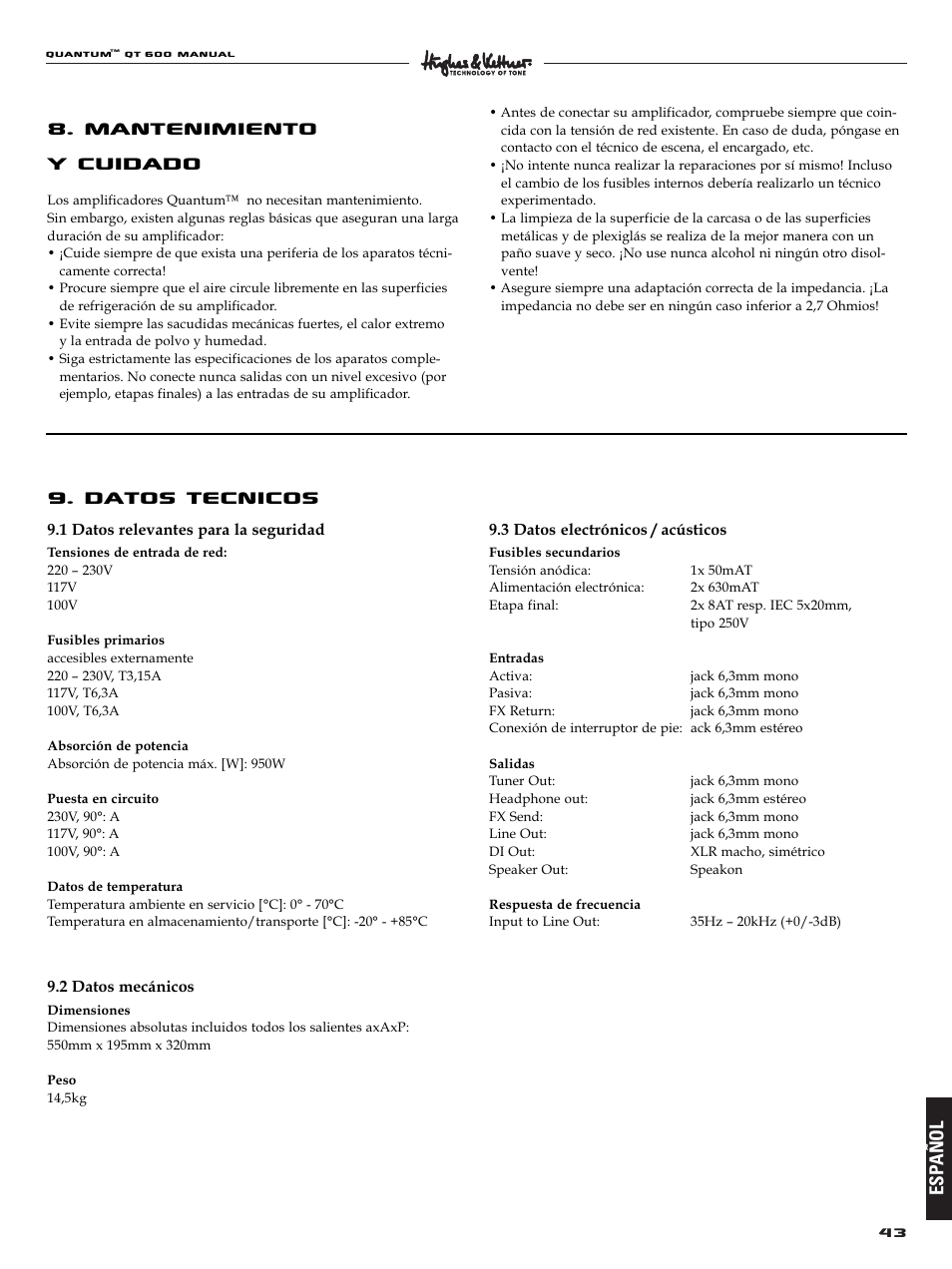 Mantenimiento y cuidado, Datos tecnicos, Esp añol | Quantum QT600 User Manual | Page 43 / 48