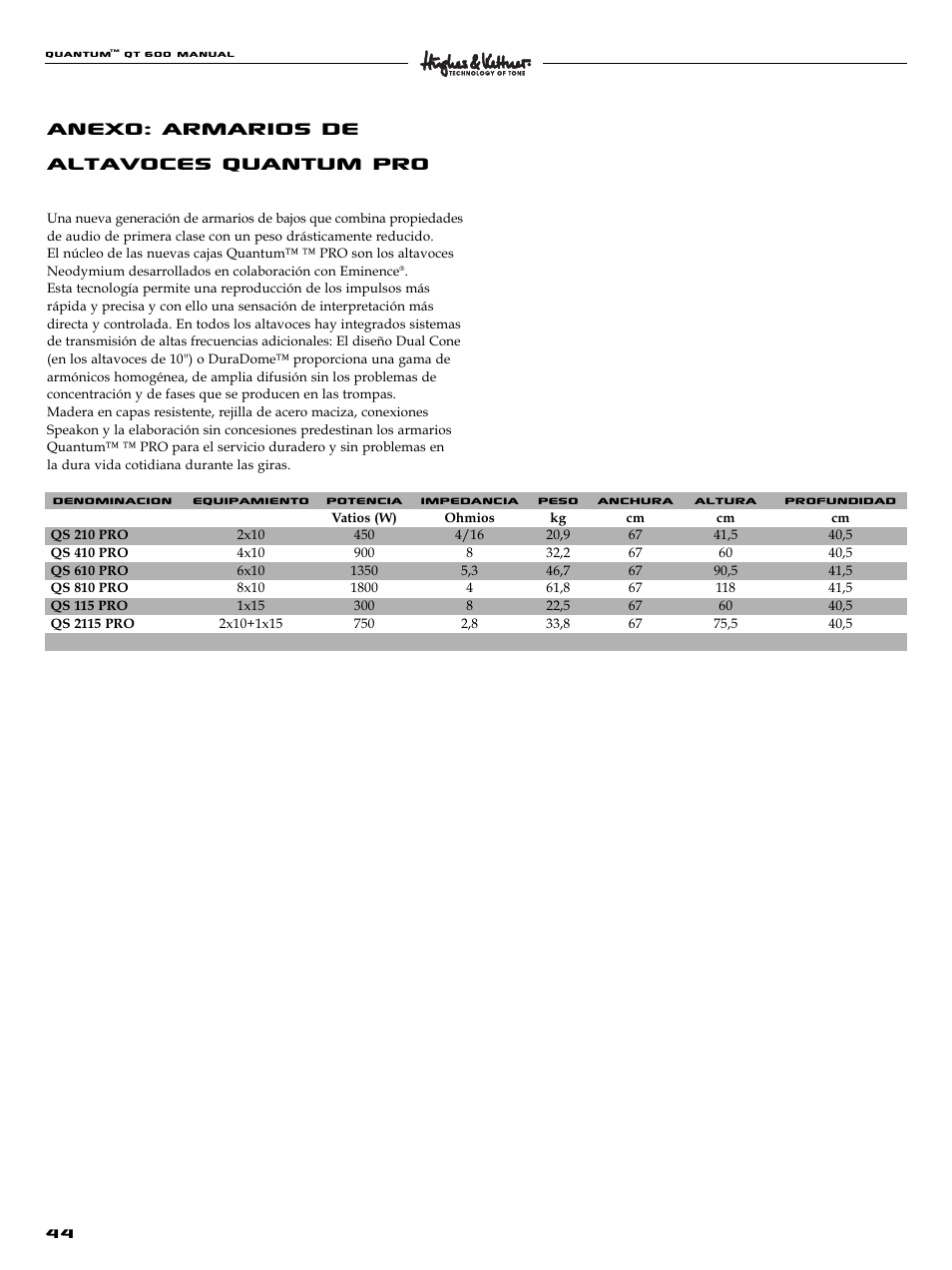 Anexo: armarios de altavoces quantum pro | Quantum QT600 User Manual | Page 44 / 48