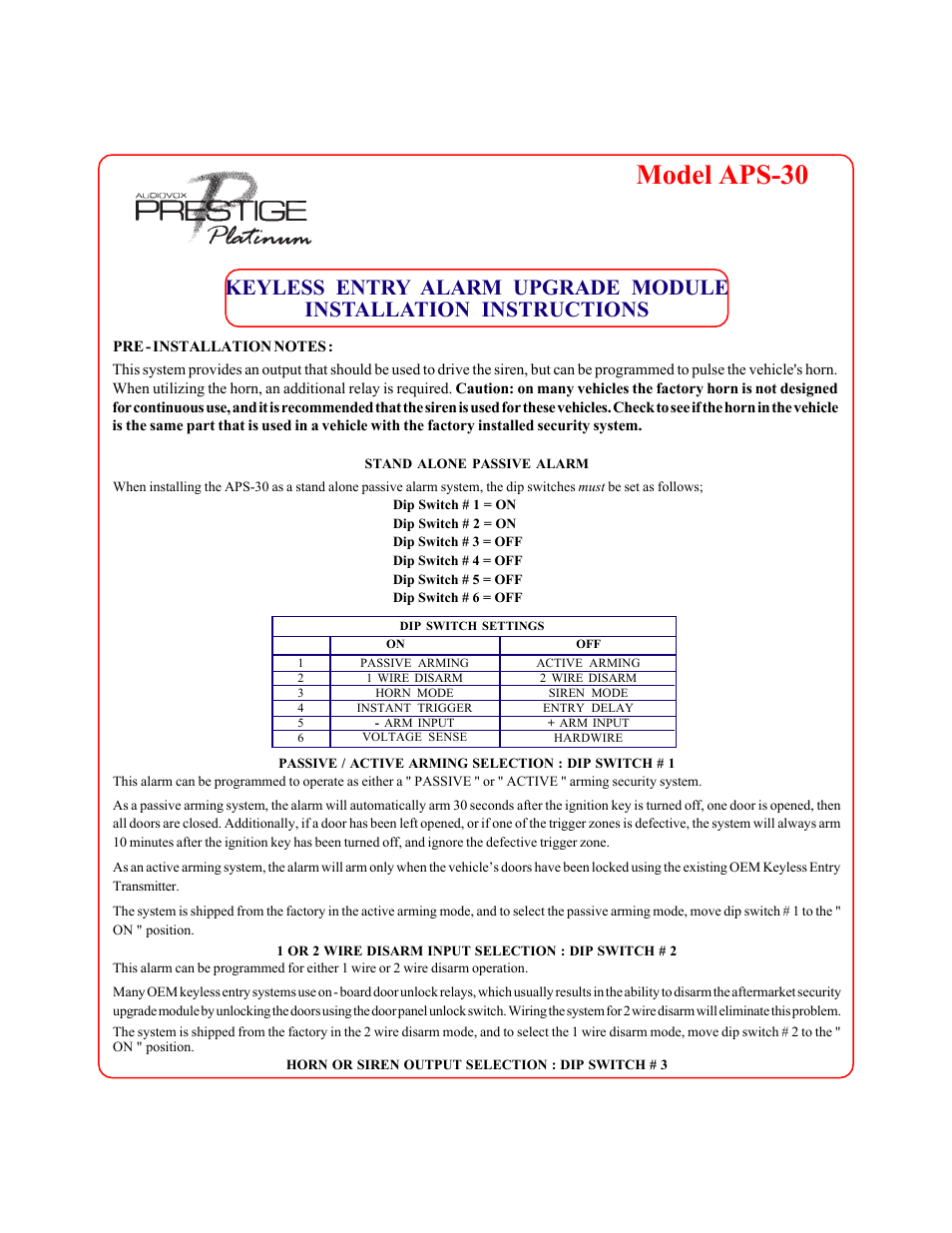 Q-Logic Keyless Entry Alarm Upgrade Module APS-30 User Manual | 6 pages