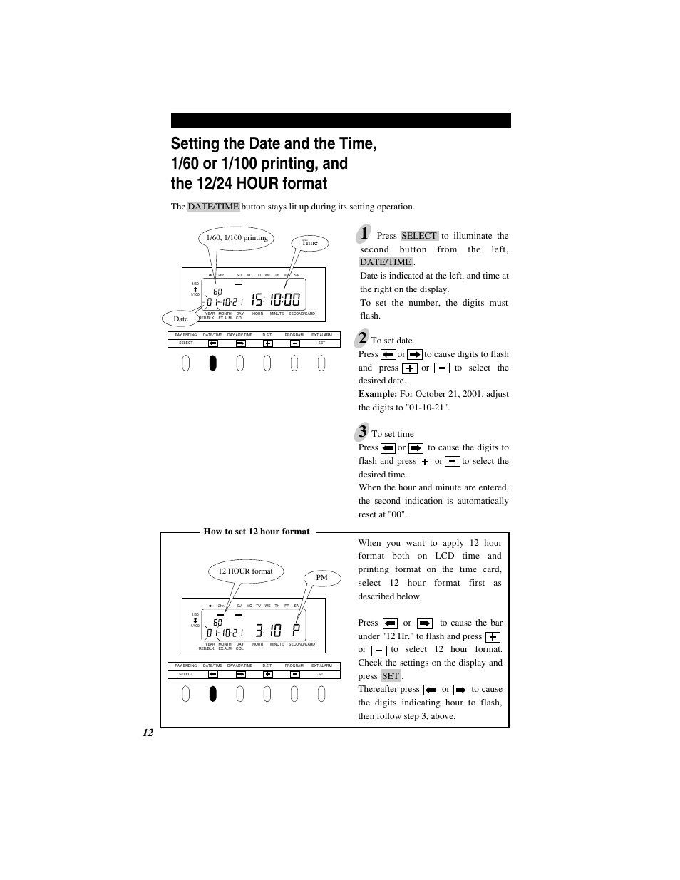 How to set 12 hour format | Quartz SIMPLEX 500 User Manual | Page 14 / 34