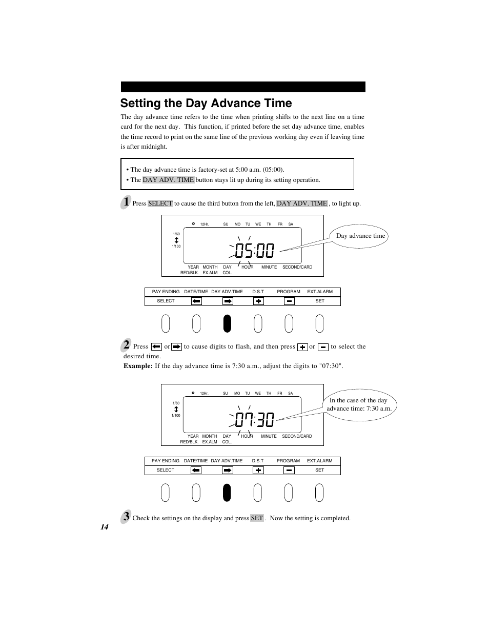 Setting the day advance time | Quartz SIMPLEX 500 User Manual | Page 16 / 34