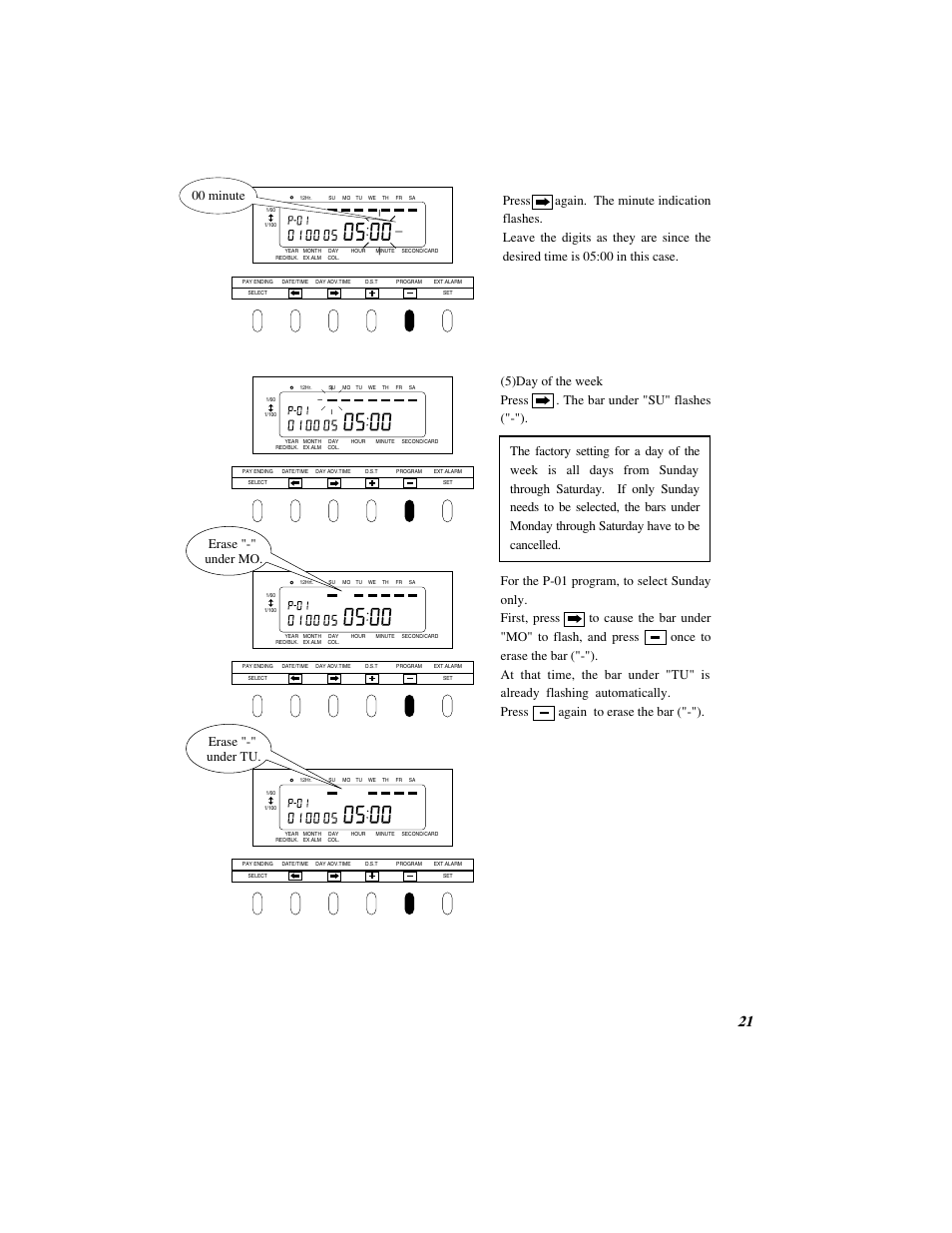 00 minute, Erase "-" under tu. erase "-" under mo | Quartz SIMPLEX 500 User Manual | Page 23 / 34