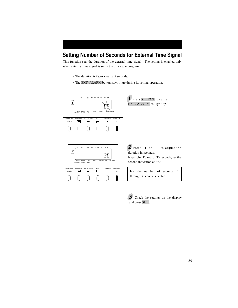 Check the settings on the display and press set, Press select to cause ext. alarm to light up | Quartz SIMPLEX 500 User Manual | Page 27 / 34
