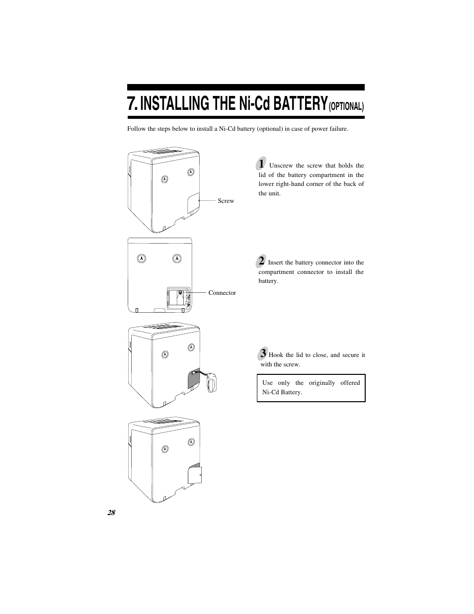 Installing the ni-cd battery, Optional) | Quartz SIMPLEX 500 User Manual | Page 30 / 34