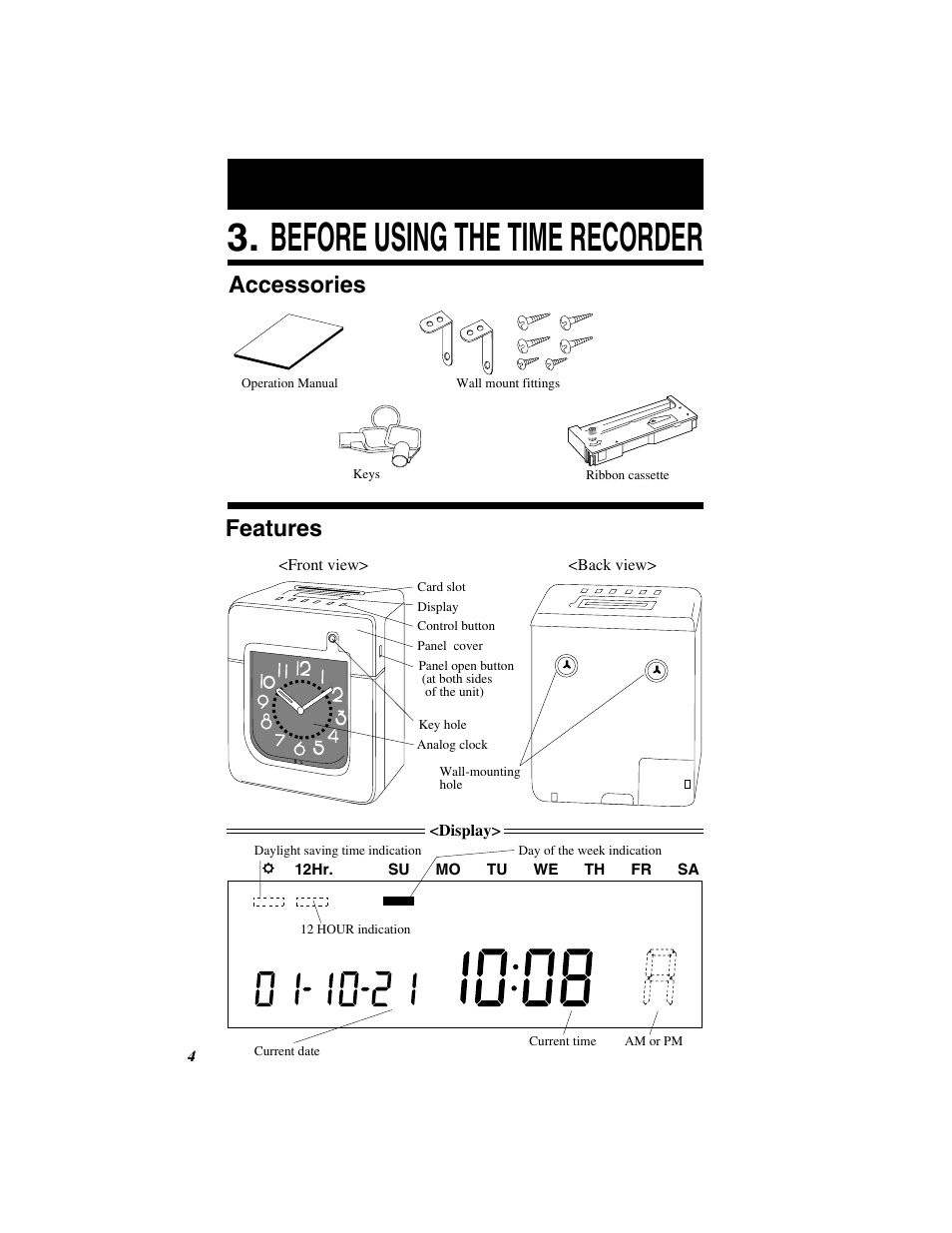 Before using the time recorder, Features, Accessories | Quartz SIMPLEX 500 User Manual | Page 6 / 34