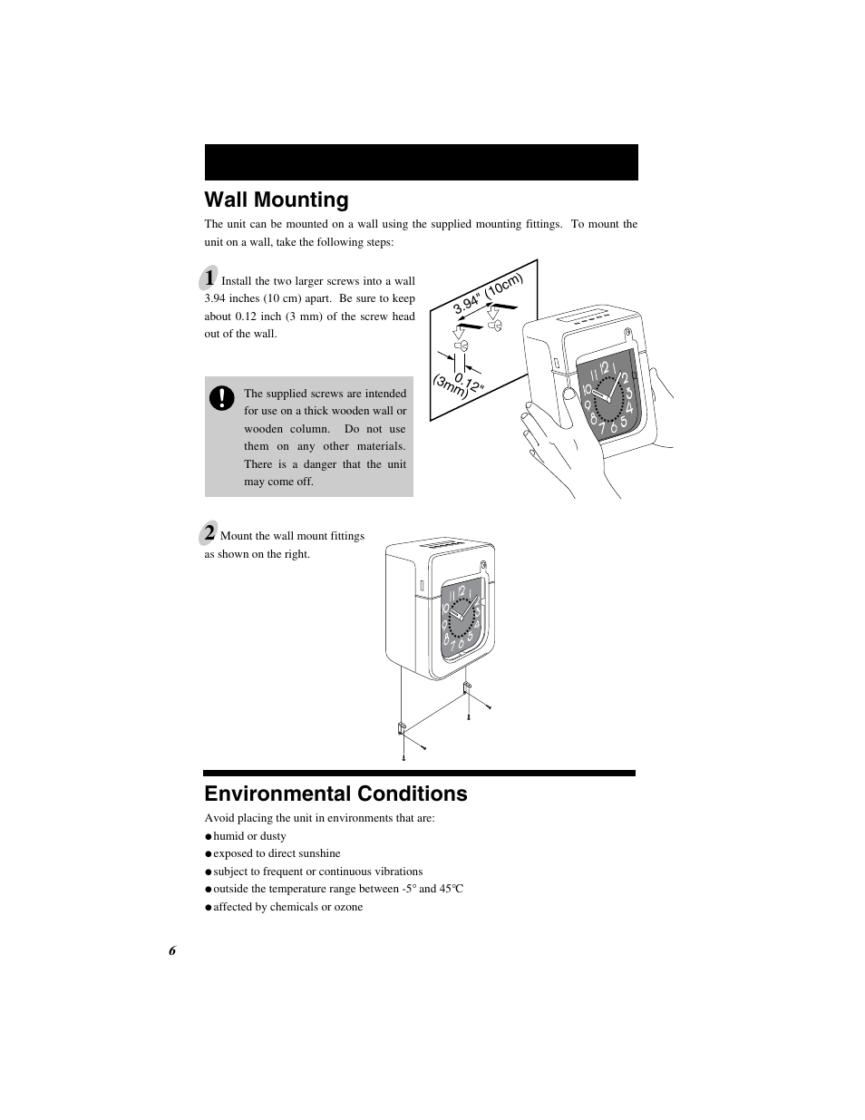 Wall mounting, Environmental conditions | Quartz SIMPLEX 500 User Manual | Page 8 / 34