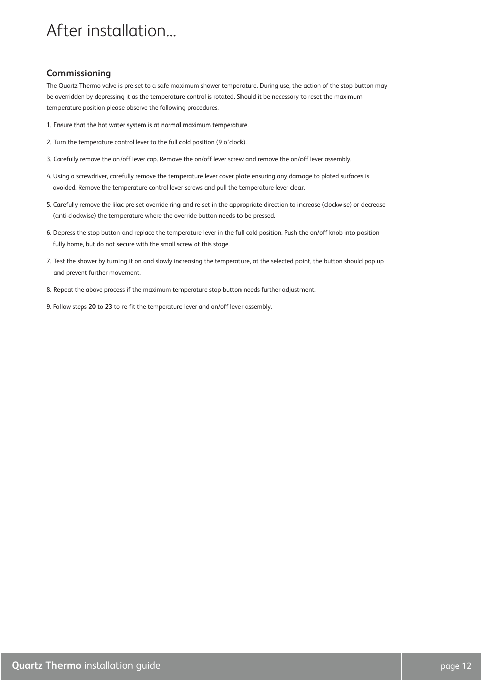 After installation, Quartz thermo installation guide, Commissioning | Quartz QZ3111 User Manual | Page 12 / 16