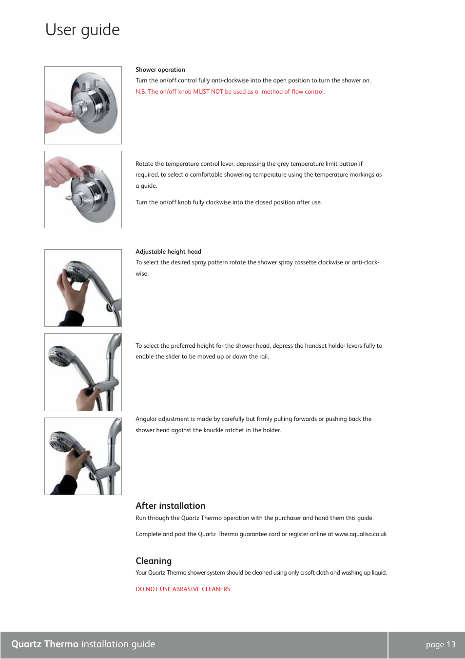 User guide, Quartz thermo installation guide, After installation | Cleaning | Quartz QZ3111 User Manual | Page 13 / 16