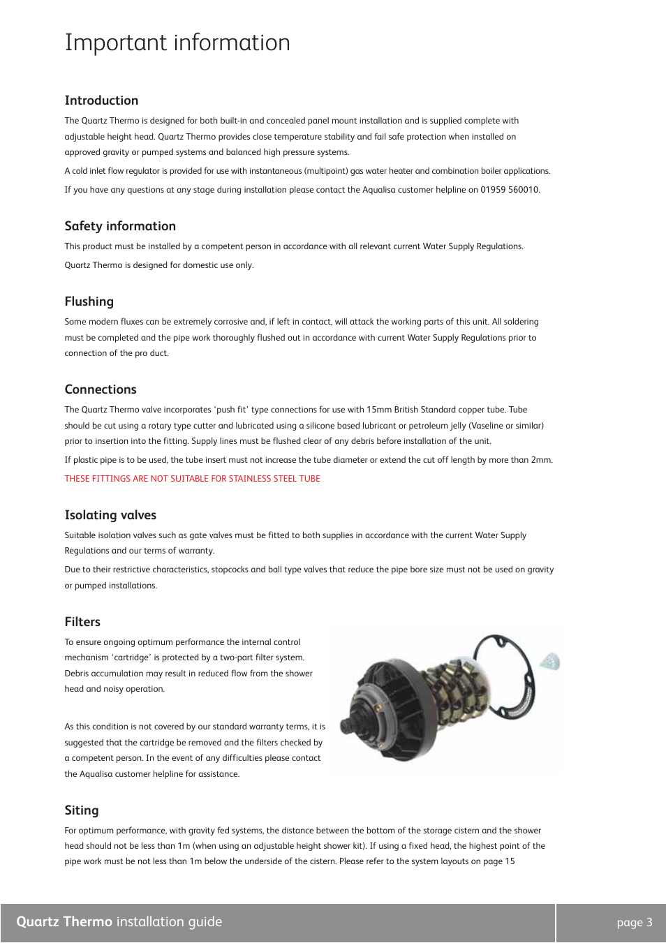 Important information, Quartz thermo installation guide, Introduction | Safety information, Flushing, Connections, Isolating valves, Filters, Siting | Quartz QZ3111 User Manual | Page 3 / 16
