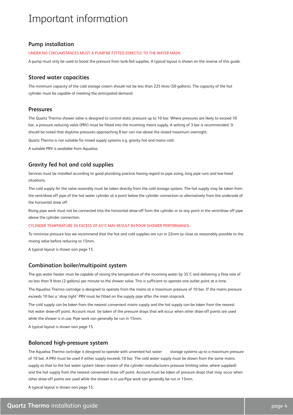 Important information, Quartz thermo installation guide, Pump installation | Stored water capacities, Pressures, Gravity fed hot and cold supplies, Combination boiler/multipoint system, Balanced high-pressure system | Quartz QZ3111 User Manual | Page 4 / 16