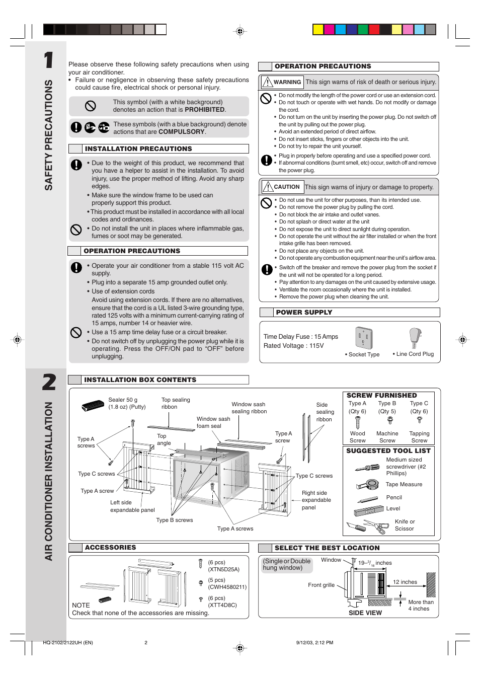 Safety precautions, Air conditioner inst alla tion | QUASAR HQ-2122UH User Manual | Page 2 / 8
