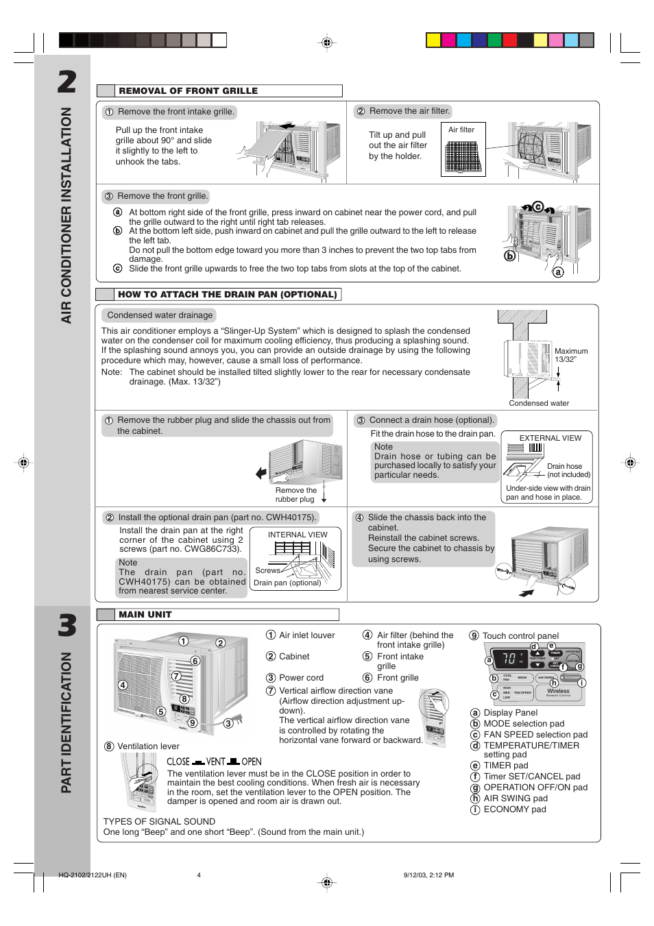 Air conditioner inst alla tion, Part identifica tion | QUASAR HQ-2122UH User Manual | Page 4 / 8