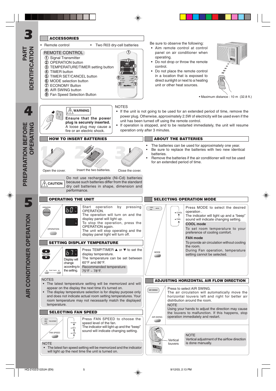 Part identifica tion, Prep ara tion before opera ting, Air conditioner opera tion | QUASAR HQ-2122UH User Manual | Page 5 / 8