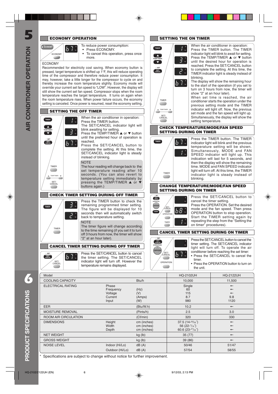 Air conditioner opera tion, Product specifica tions | QUASAR HQ-2122UH User Manual | Page 6 / 8