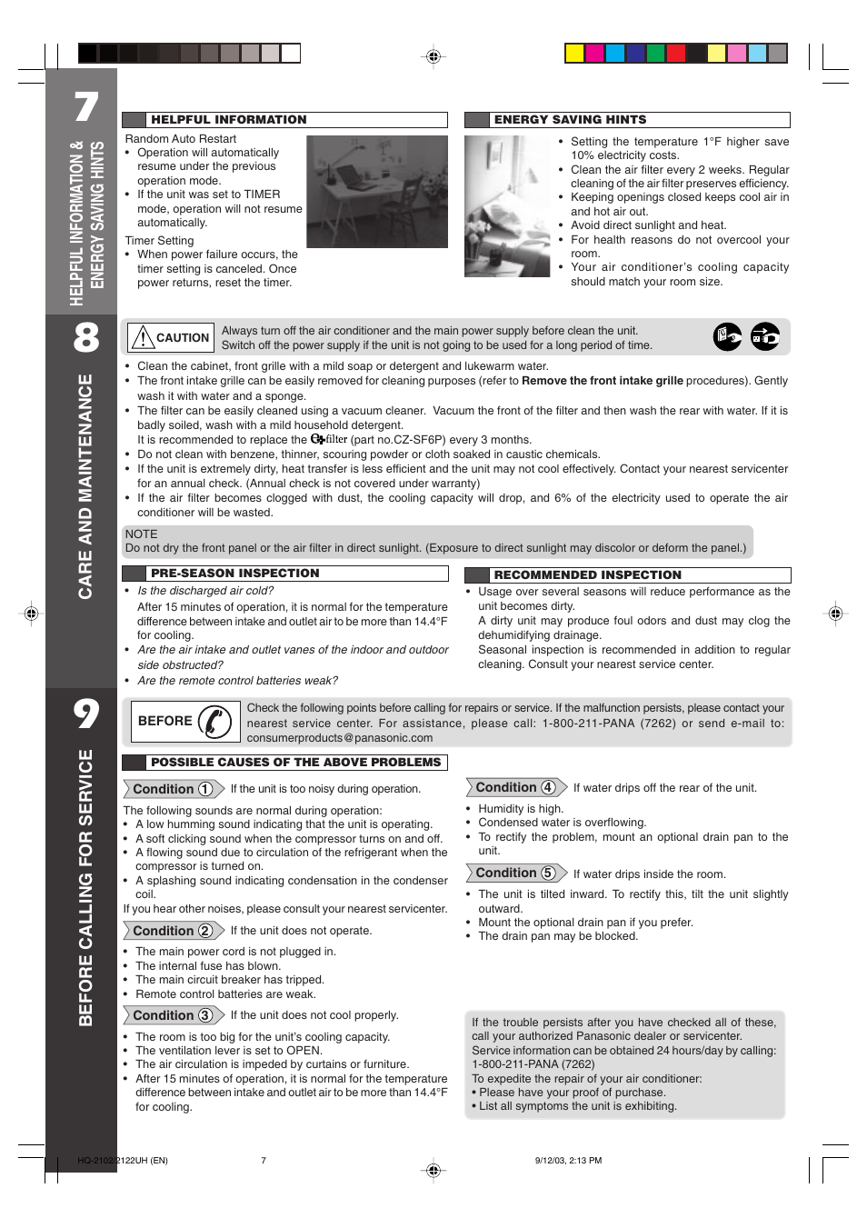 Helpful informa tion & energy sa ving hints, Care and maintenance, Before calling for ser vice | QUASAR HQ-2122UH User Manual | Page 7 / 8