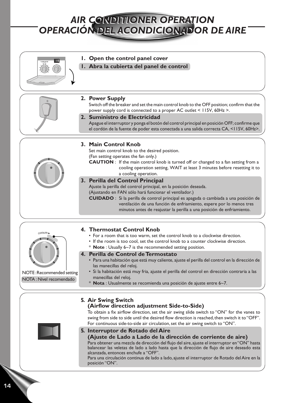 Air conditioner operation, Operacion del acondicionador or de aire, Main control knob | Perilla del control principal, Thermostat control knob, Perilla de control de termostato, Power supply, Suministro de electricidad | QUASAR HQ-2121RH User Manual | Page 16 / 24