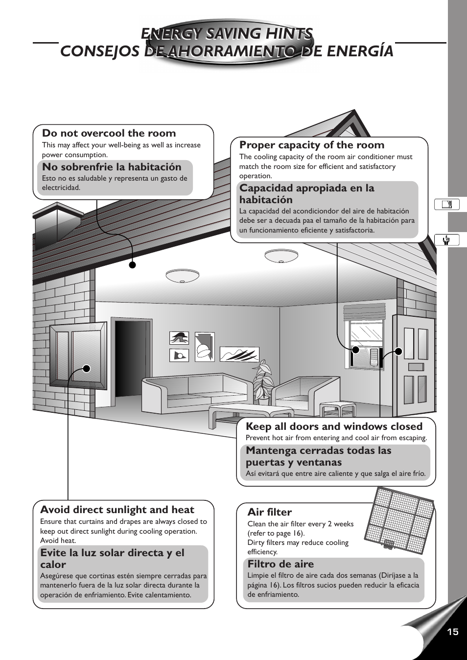 Energy saving hints, Consejos de ahorramiento de energia | QUASAR HQ-2121RH User Manual | Page 17 / 24