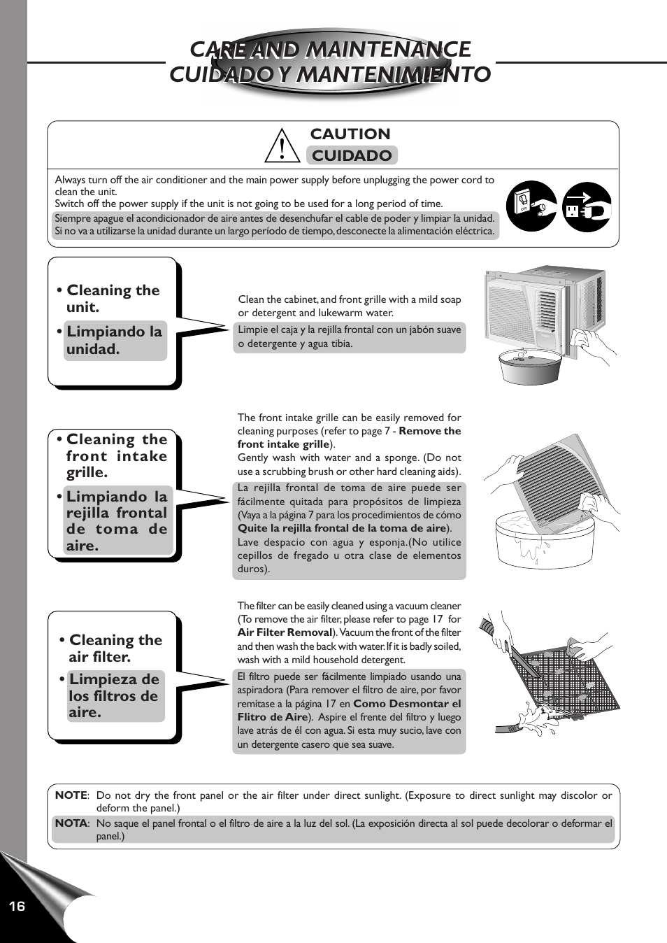 Care and maintenance, Cuidado y mantenimiento | QUASAR HQ-2121RH User Manual | Page 18 / 24