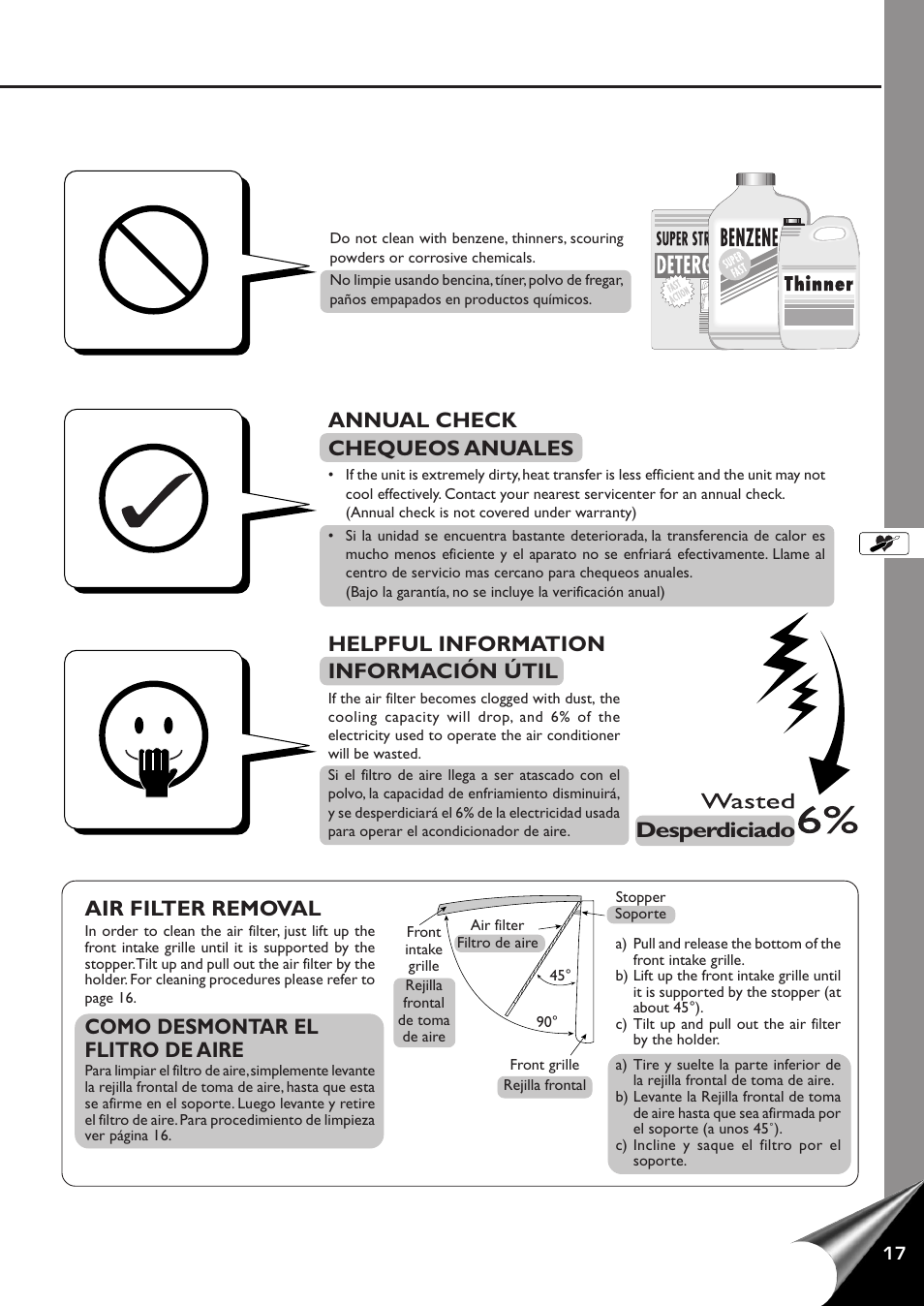 Desperdiciado air filter removal, Como desmontar el flitro de aire, Annual check chequeos anuales | Helpful information información útil | QUASAR HQ-2121RH User Manual | Page 19 / 24