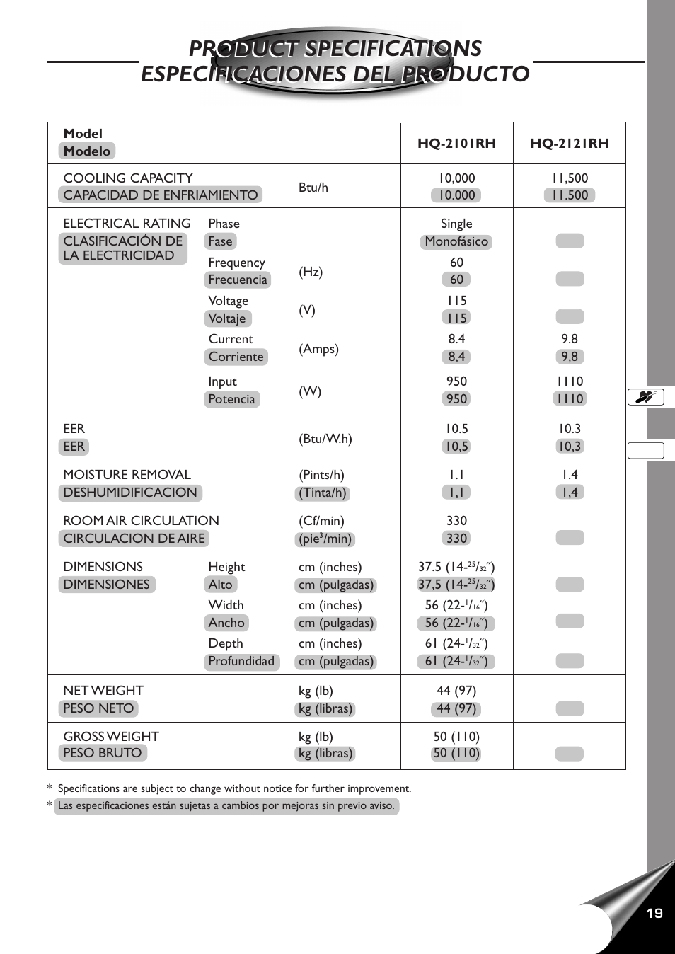 Product specifications, Especificaciones del producto | QUASAR HQ-2121RH User Manual | Page 21 / 24