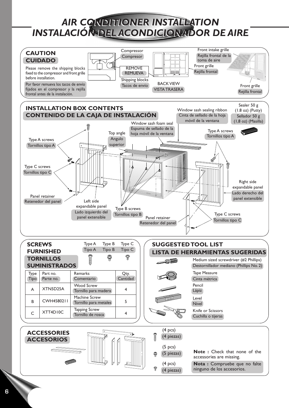Air conditioner installation, Instalacion del acondicionador de aire, Caution cuidado | Accessories accesorios, Screws furnished tornillos suministrados | QUASAR HQ-2121RH User Manual | Page 8 / 24
