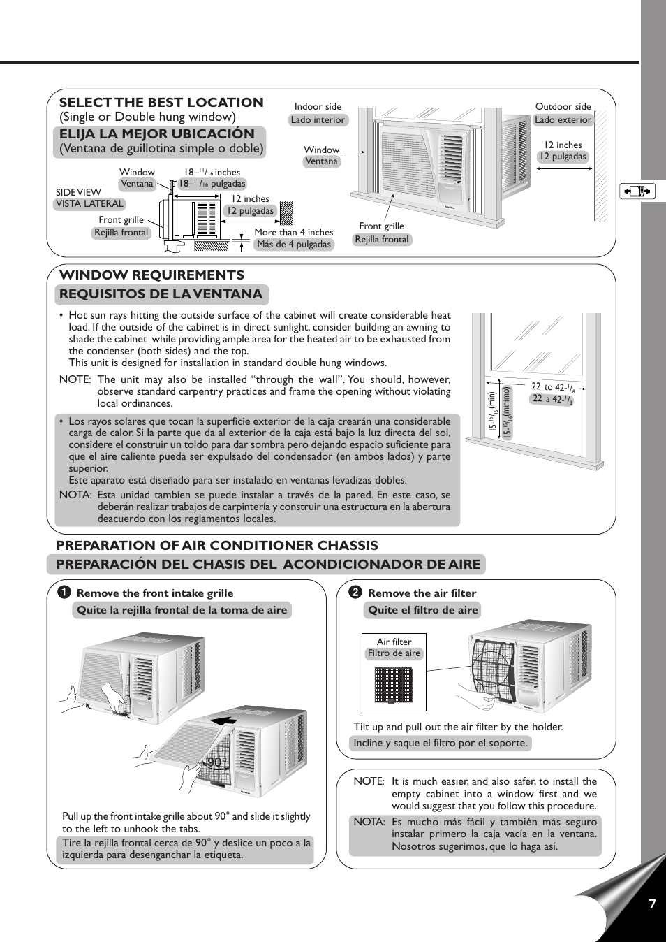 Window requirements requisitos de la ventana | QUASAR HQ-2121RH User Manual | Page 9 / 24