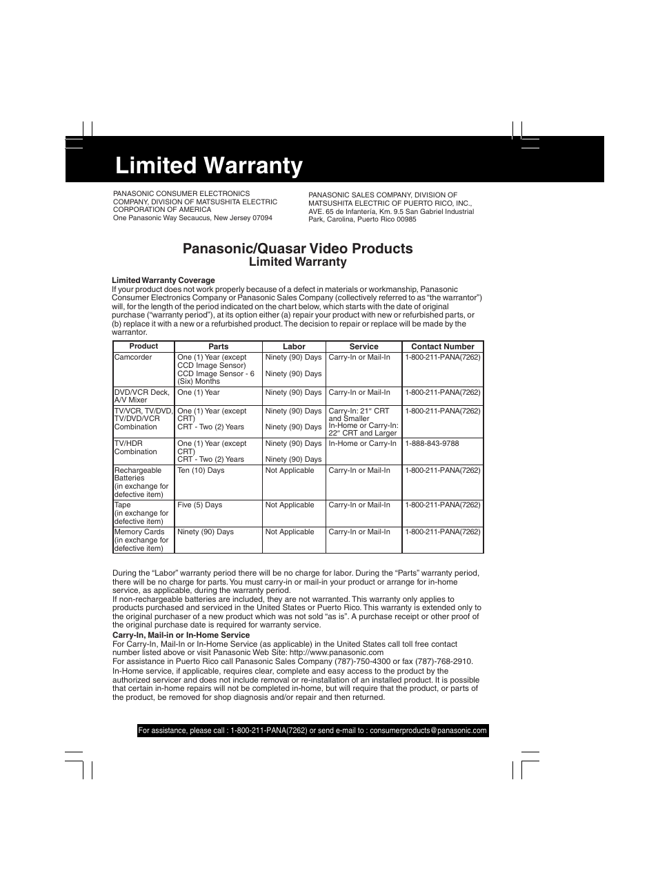 Limited warranty, Panasonic/quasar video products | QUASAR V V-1303B User Manual | Page 32 / 36