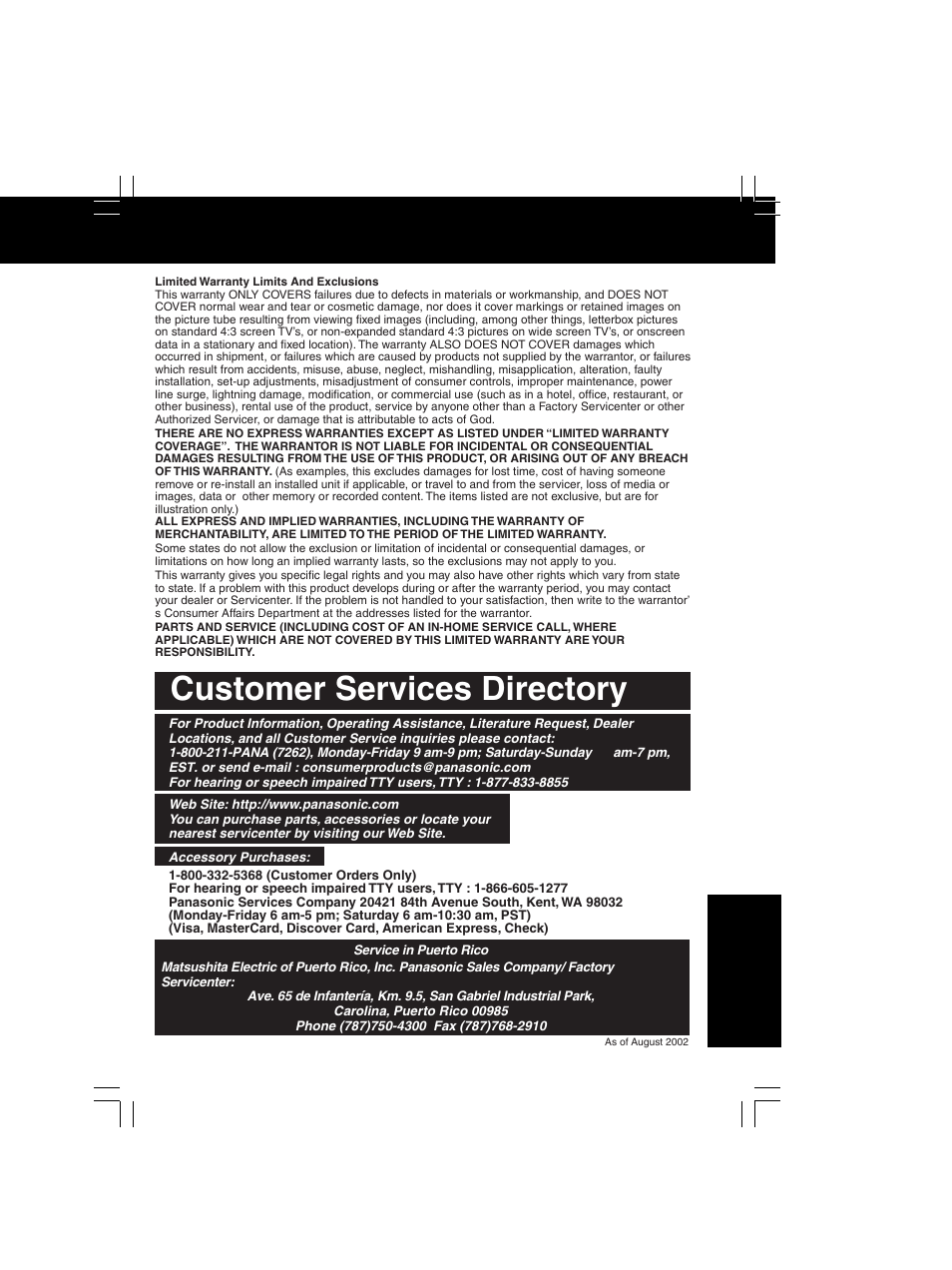 Customer services directory | QUASAR V V-1303B User Manual | Page 33 / 36