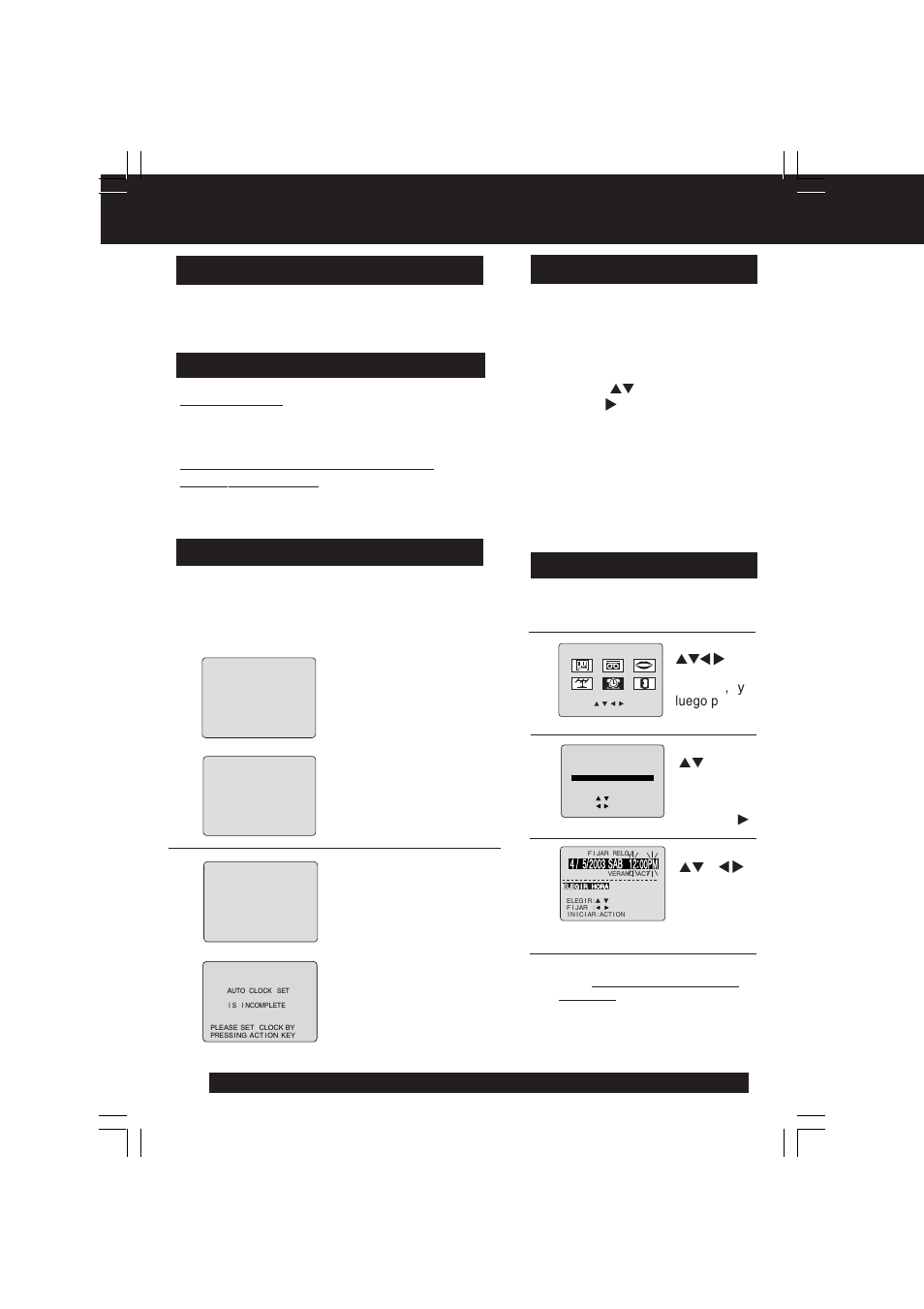 Spanish quick use guide/guía para rápida consulta, Ajustar de nuevo el reloj, Ajuste manual del reloj | Connexiones/configuracion inicial, Conectando realizando configuracion inicial | QUASAR V V-1303B User Manual | Page 34 / 36