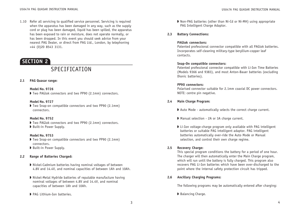 Specification | QUASAR PAG User Manual | Page 2 / 7