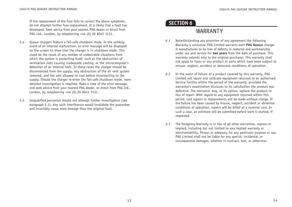 Warranty | QUASAR PAG User Manual | Page 7 / 7