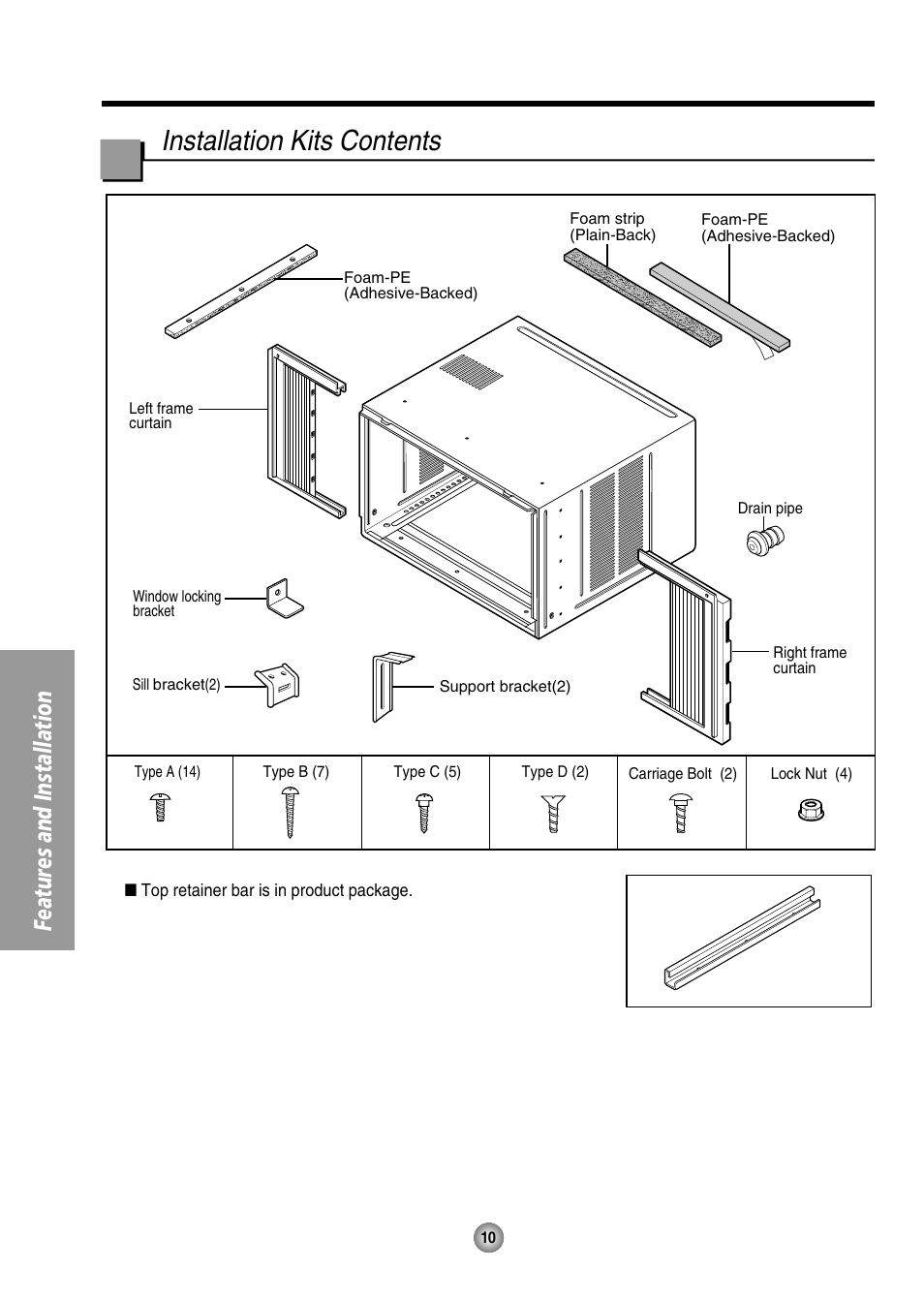 Installation kits contents, Features and installation | QUASAR HQ-2244UH User Manual | Page 10 / 32
