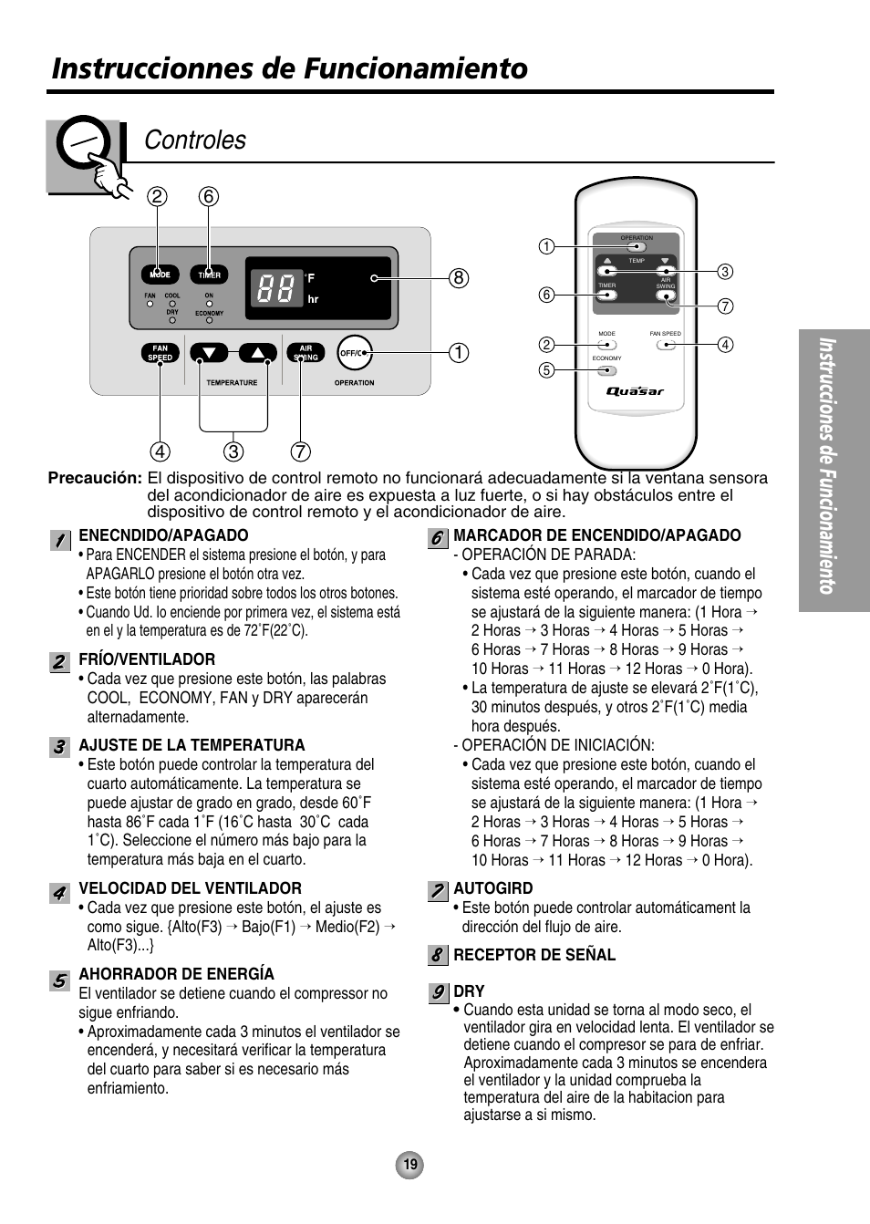 Instruccionnes de funcionamiento, Controles, Instrucciones de funcionamiento | QUASAR HQ-2244UH User Manual | Page 19 / 32
