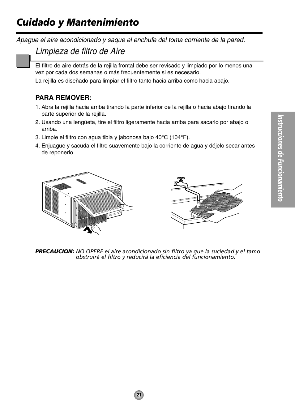 Cuidado y mantenimiento, Limpieza de filtro de aire, Instrucciones de funcionamiento | QUASAR HQ-2244UH User Manual | Page 21 / 32