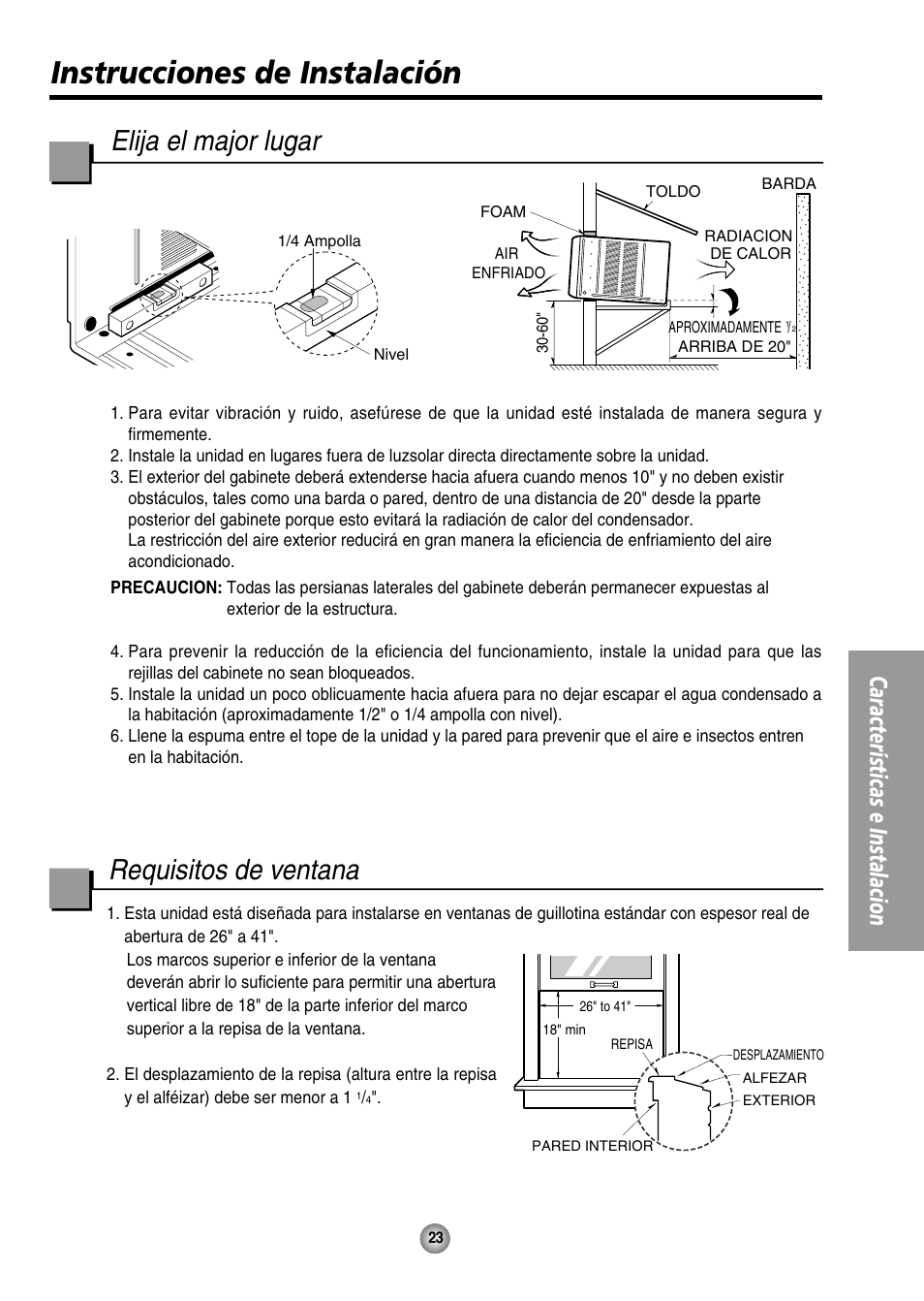 Instrucciones de instalacion, Elija el major lugar, Requisitos de ventana | Instrucciones de instalación, Características e instalacion | QUASAR HQ-2244UH User Manual | Page 23 / 32