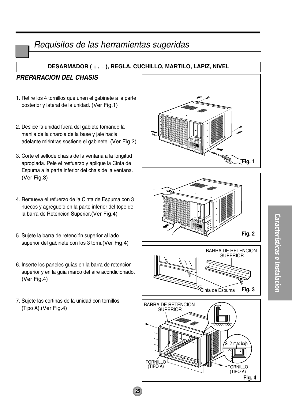 Requisitos de las herramientas sugeridas, Características e instalacion | QUASAR HQ-2244UH User Manual | Page 25 / 32
