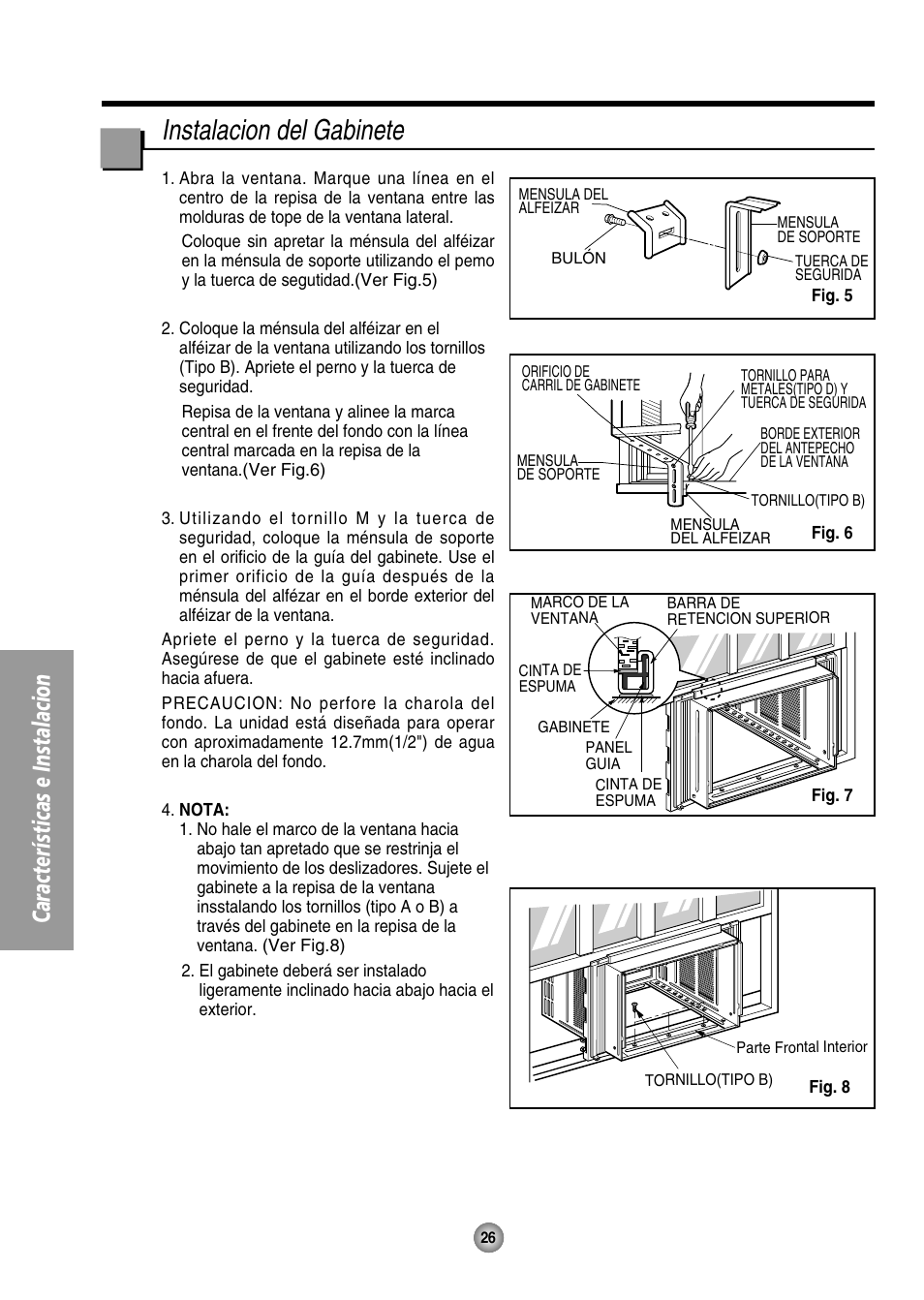 Instalacion del gabinete, Características e instalacion | QUASAR HQ-2244UH User Manual | Page 26 / 32