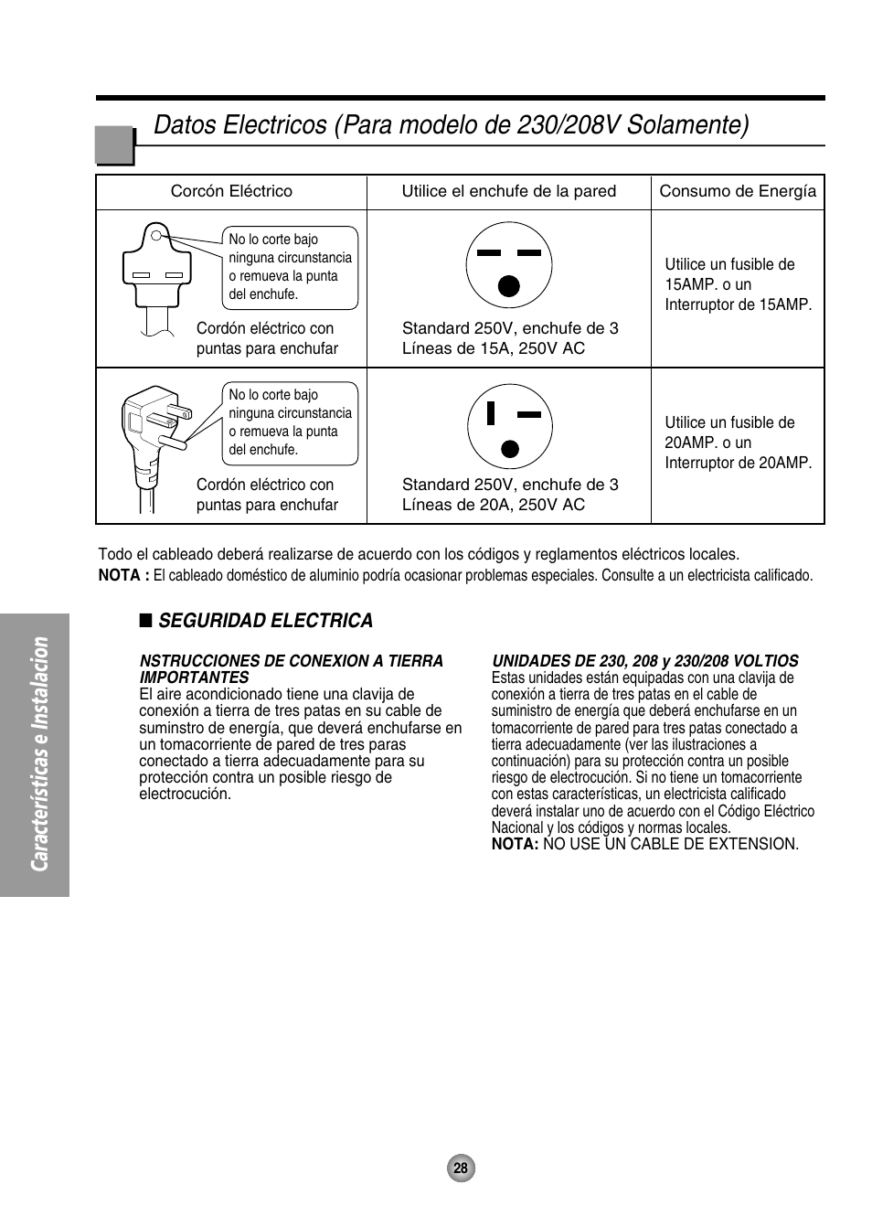 Datos electricos, Seguridad electrica, Características e instalacion | QUASAR HQ-2244UH User Manual | Page 28 / 32