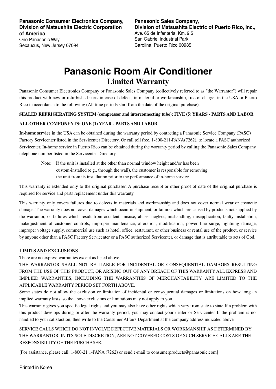 Panasonic room air conditioner, Limited warranty | QUASAR HQ-2244UH User Manual | Page 32 / 32