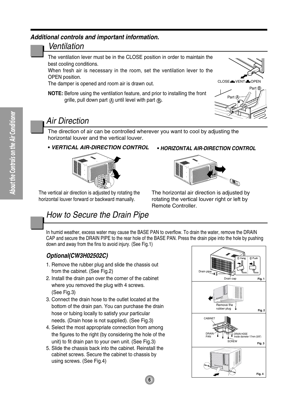 Ventilation, Air direction, How to secure the drain pipe | About the controls on the air conditioner, Additional controls and important information | QUASAR HQ-2244UH User Manual | Page 6 / 32