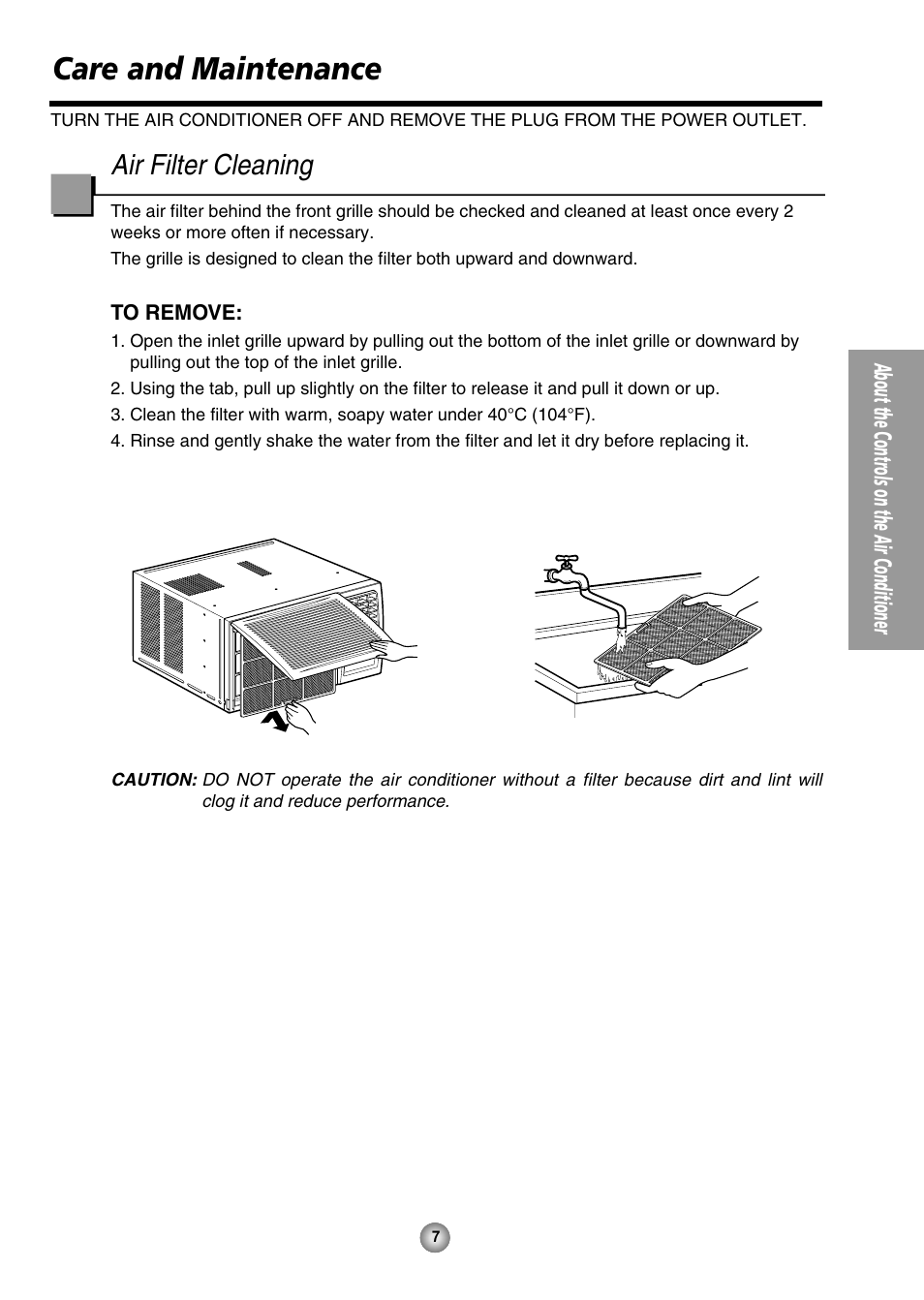 Care and maintenance, Air filter cleaning, About the controls on the air conditioner | QUASAR HQ-2244UH User Manual | Page 7 / 32