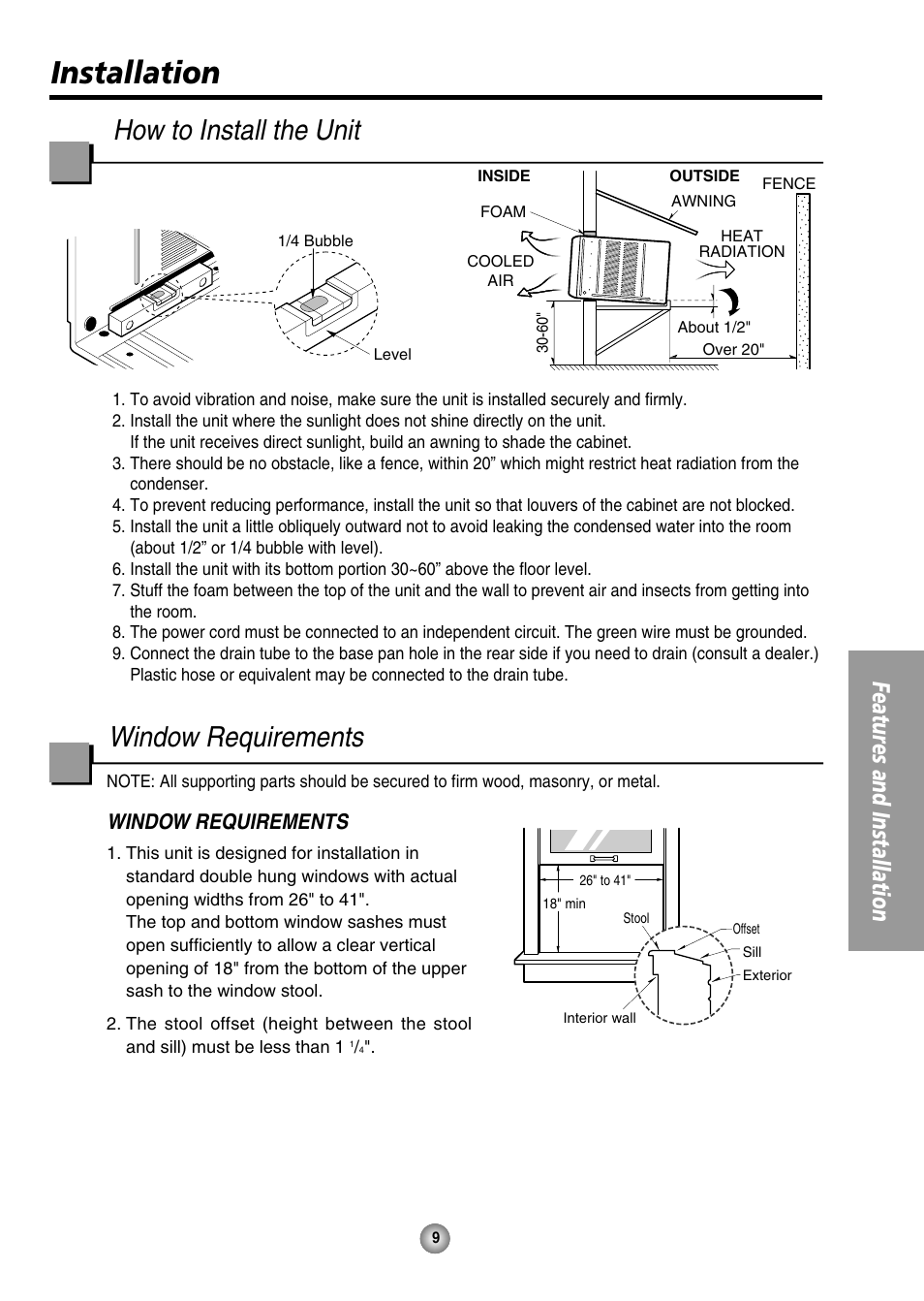 Installation, How to install the unit, Windows requirements | Window requirements, Features and installation | QUASAR HQ-2244UH User Manual | Page 9 / 32