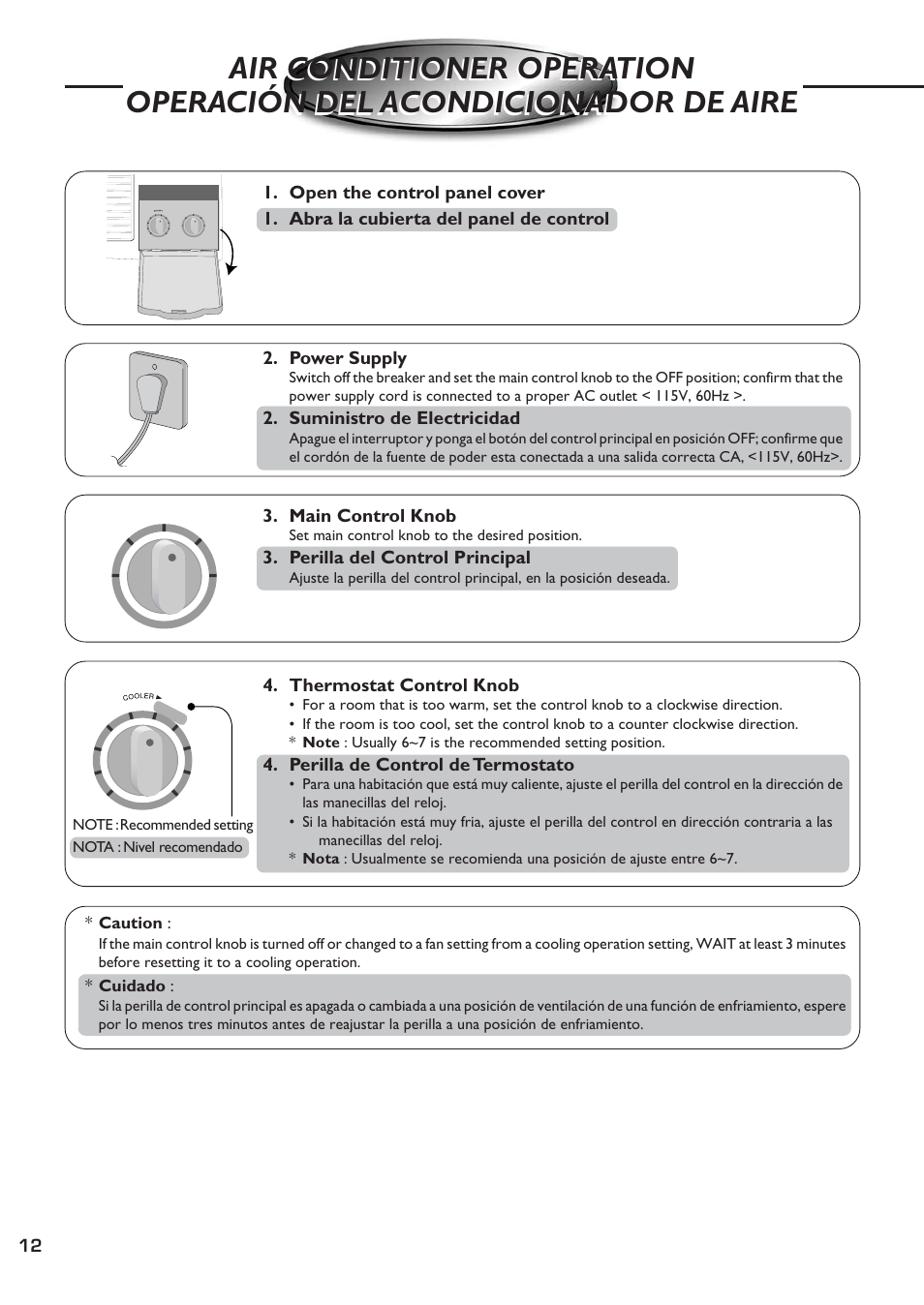 Air conditioner operation, Operacion del acondicionador de aire, Main control knob | Perilla del control principal, Thermostat control knob, Perilla de control de termostato, Power supply, Suministro de electricidad, Caution, Cuidado | QUASAR HQ-2081SH User Manual | Page 12 / 20